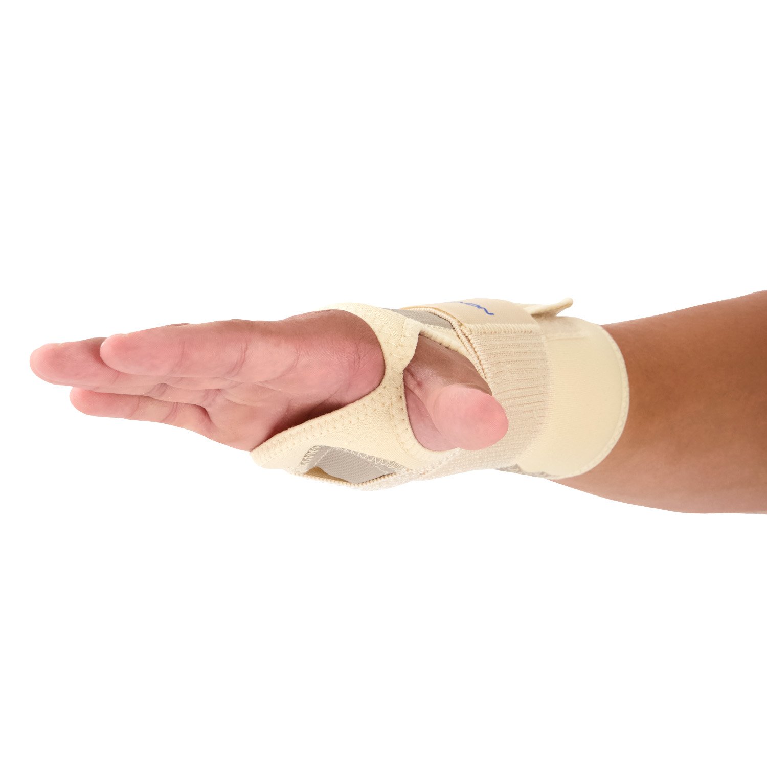 Front view right hand of model wearing the Novamed Lightweight Wrist Support in Beige