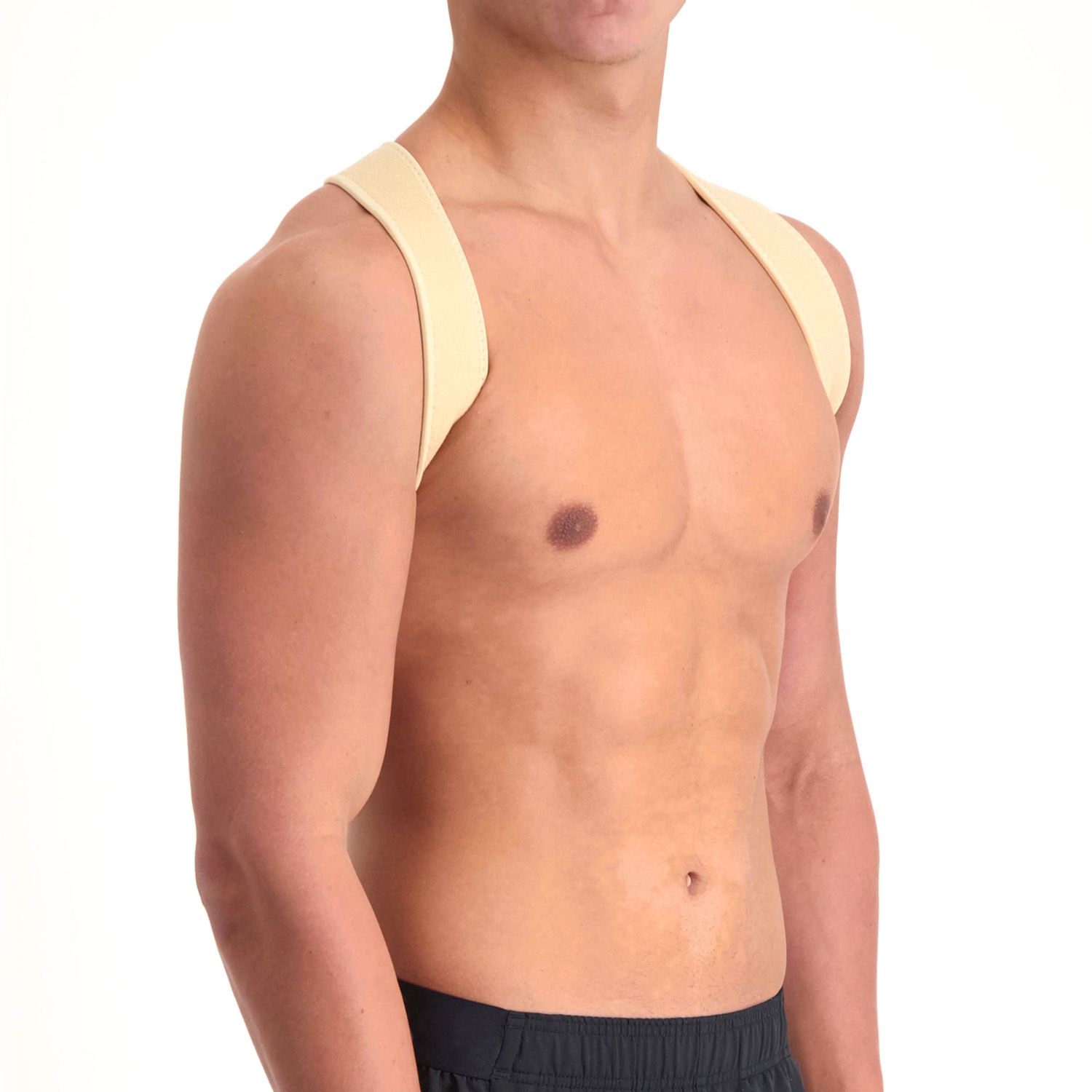 Left side view of model wearing the Dunimed Ventilating Posture Corrector in Beige