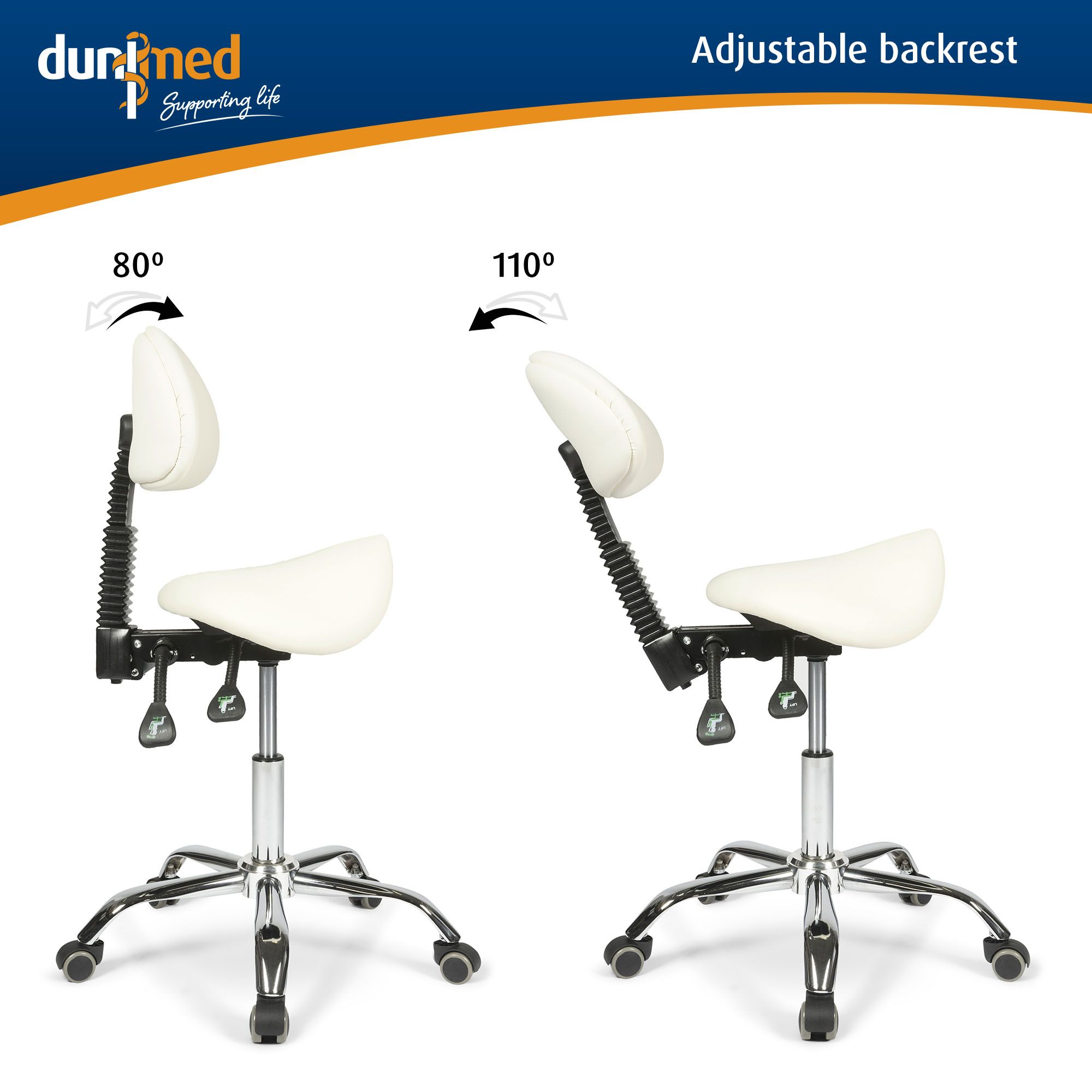 Erläuterung der verstellbaren Rückenlehne des Dunimed Ergonomischer Sattelhocker mit Rückenlehne - Weiß
