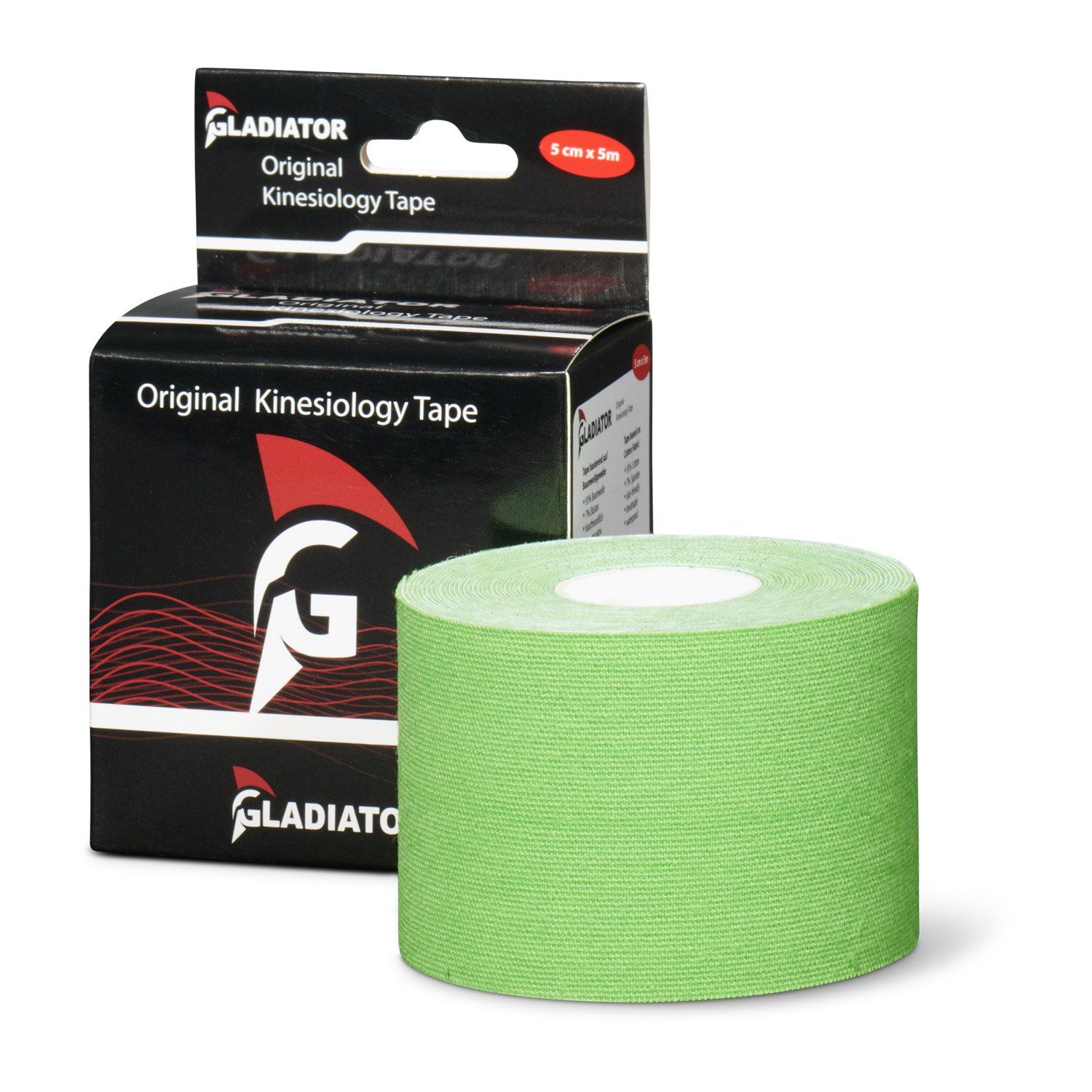 Gladiator Sports Heuschnupfen Kinesiotape Grüne Rolle mit Verpackung im Hintergrund