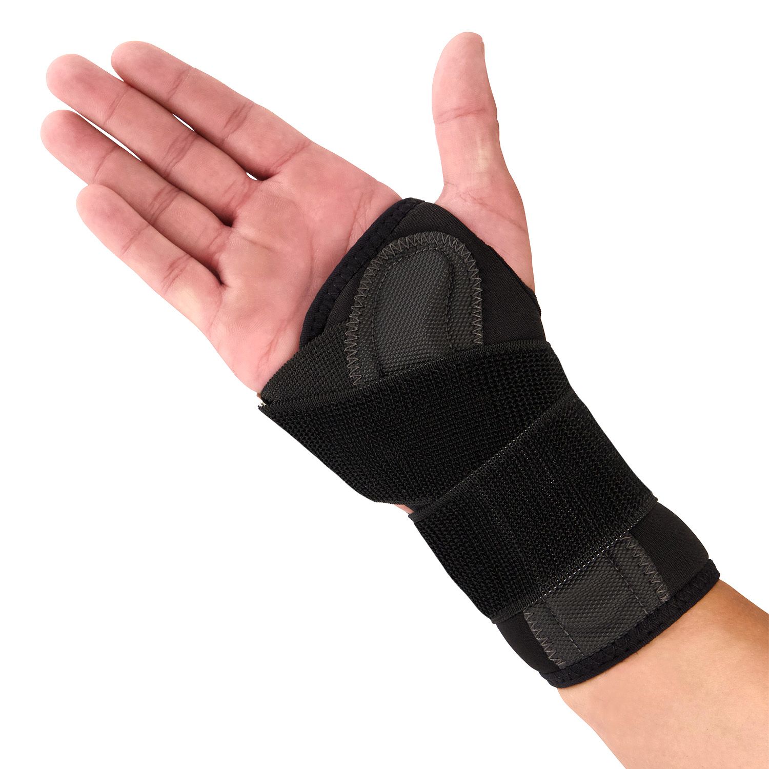 Inside view of model wearing the Novamed Lightweight Wrist Support in Black around the right wrist