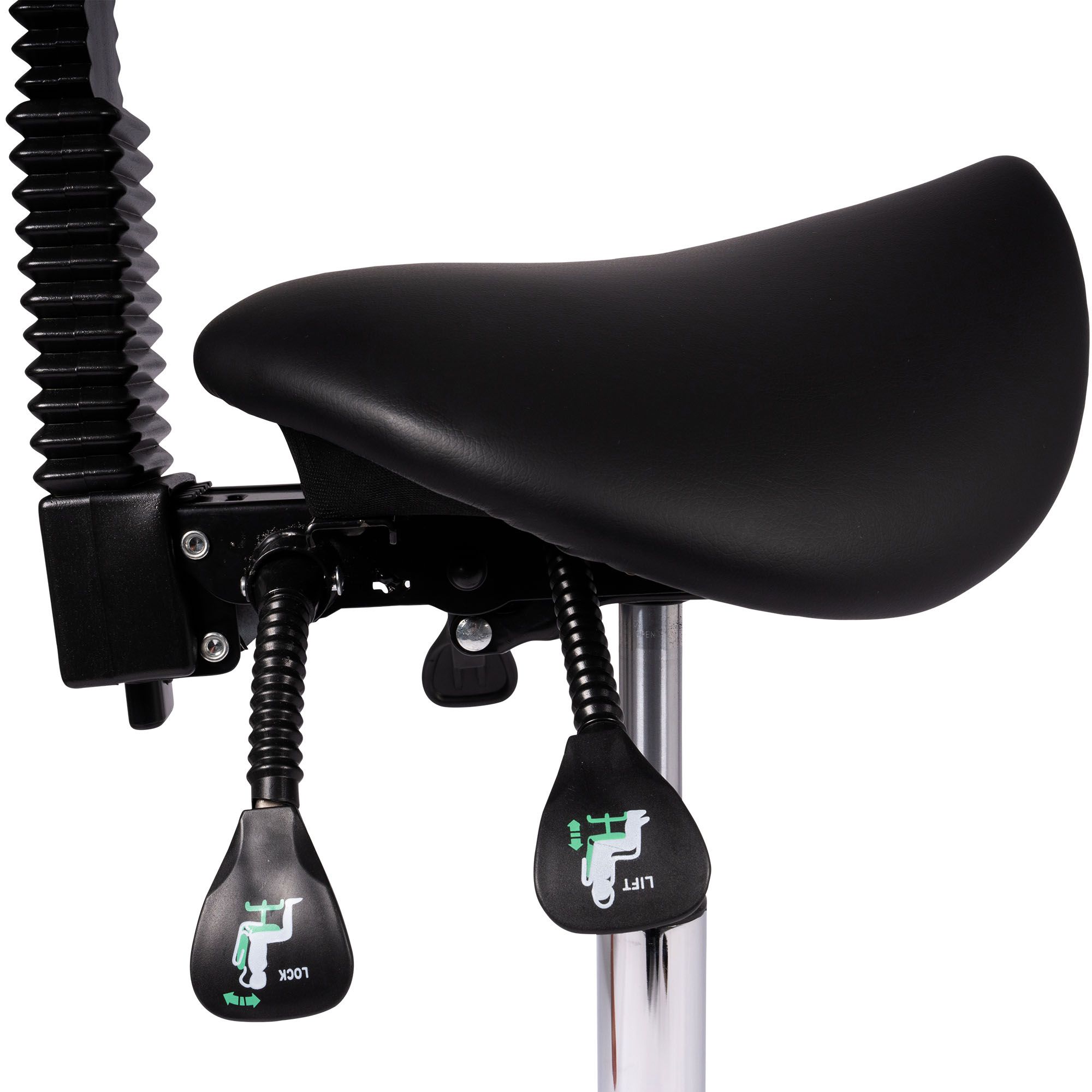 Close-up photo showing the handles and seat of the Dunimed - Ergonomic Saddle Stool with Backrest (High version)