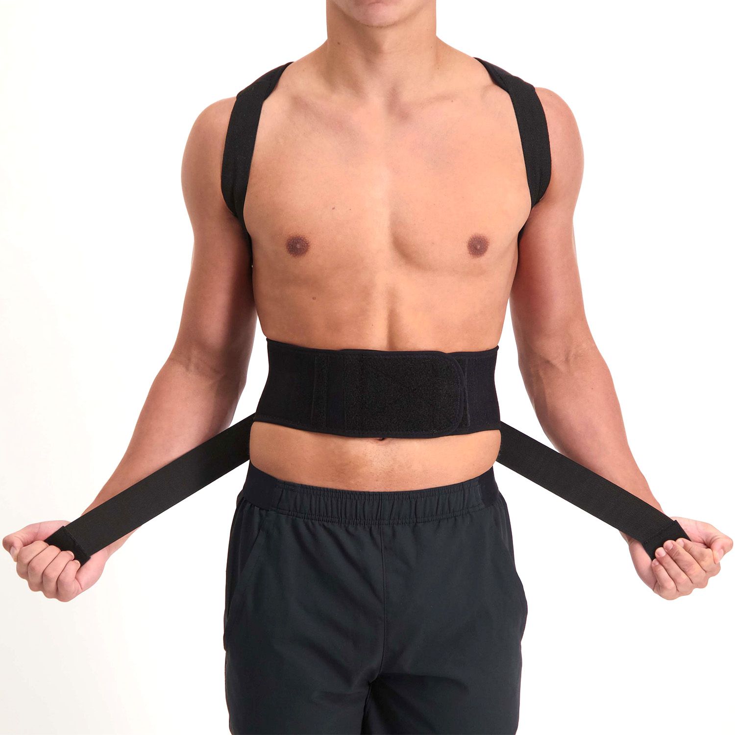 Male model unstrapping the Dunimed Premium Posture Corrector shown from the front
