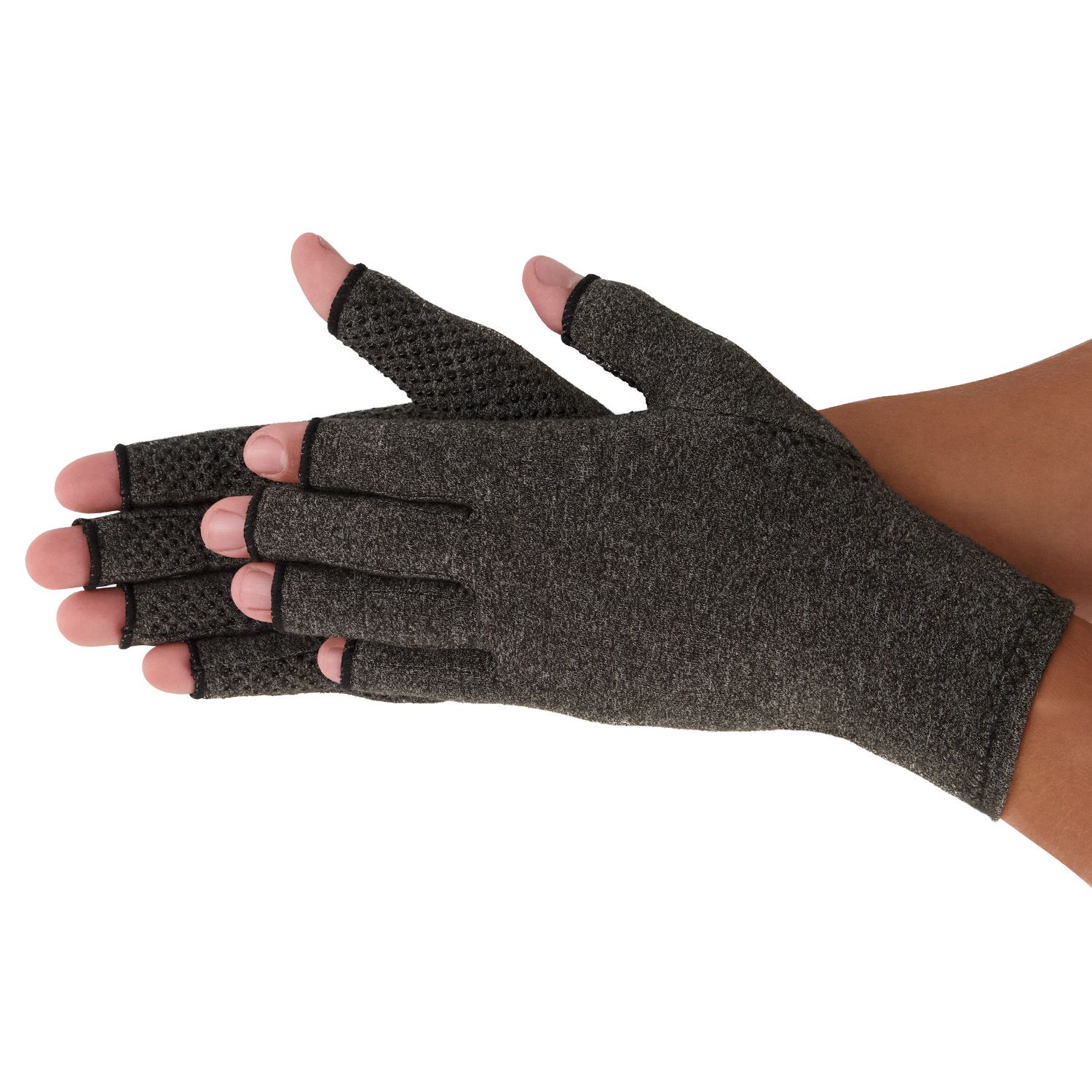 Model wearing the Dunimed Osteoarthritis / Rheumatoid Arthritis Gloves with Anti-slip Layer in Grey while rubbing the hands