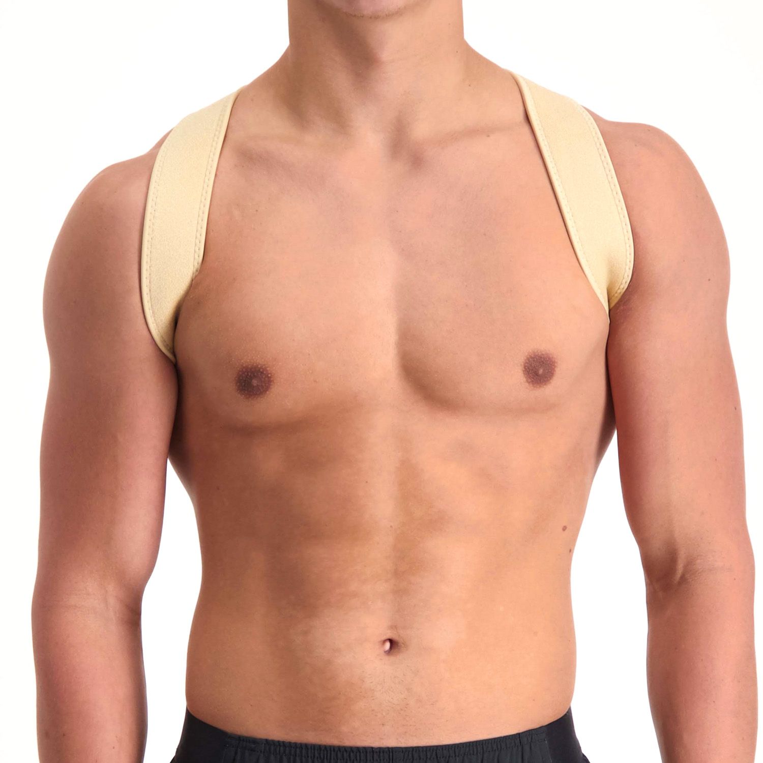 Front view of model wearing the Dunimed Ventilating Posture Corrector in Beige