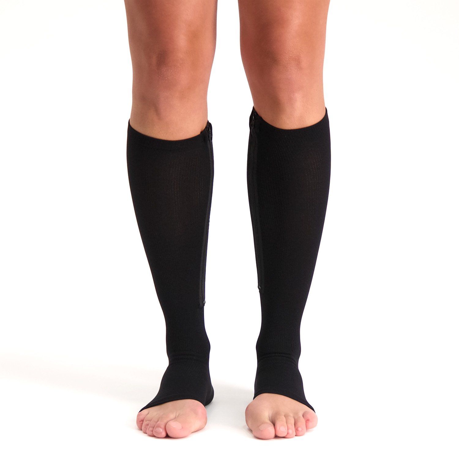 Front view of model wearing the Support Stockings with Zipper - Open Toe - Black on both legs