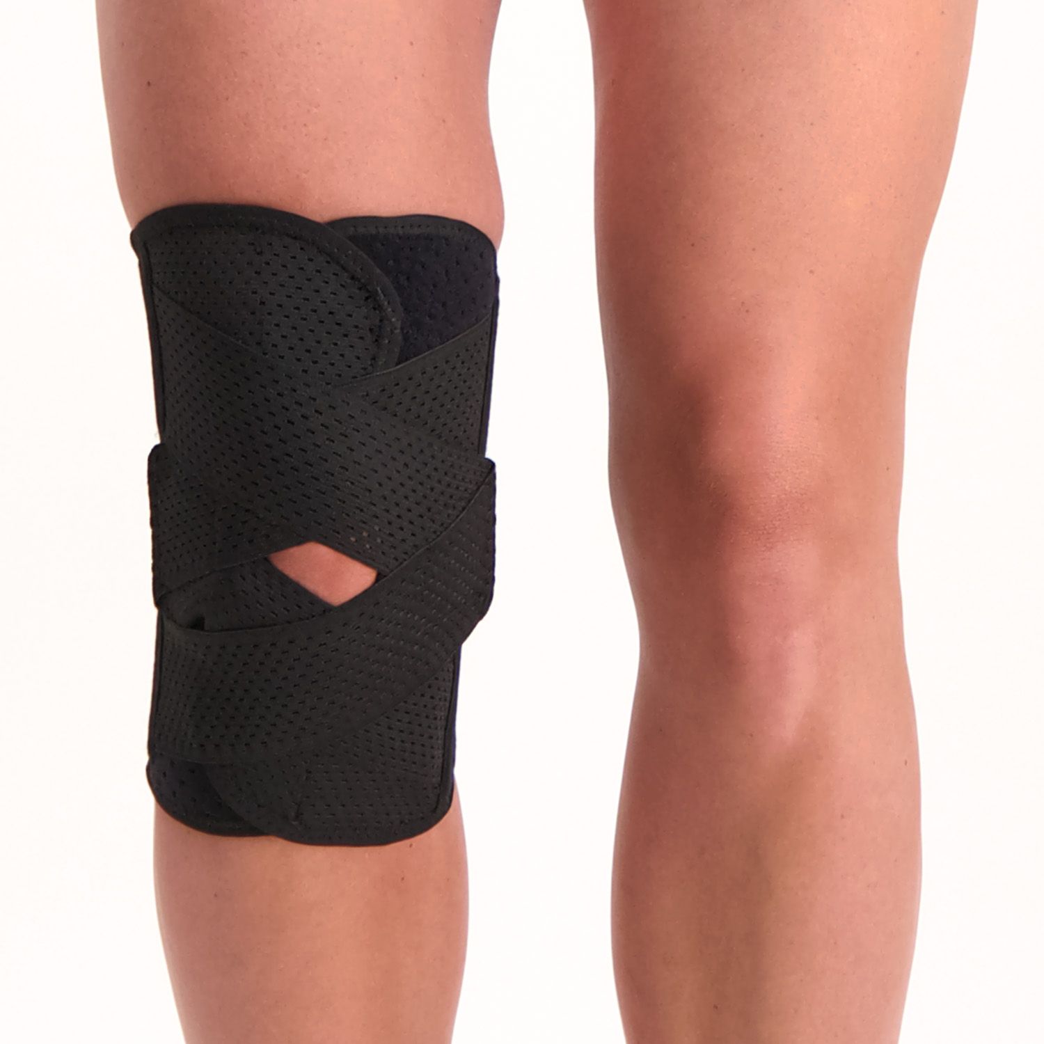 Front side view of the Dunimed Wrap Knee Support with Busks worn around the right knee