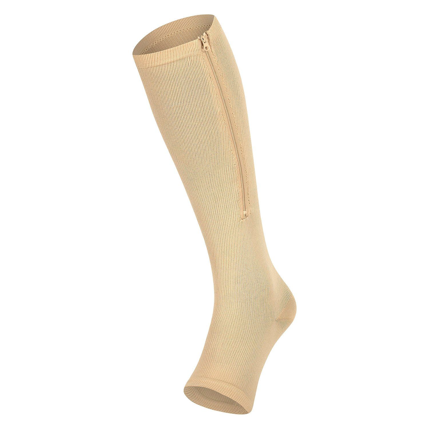 Stützstrümpfe mit Reißverschluss offene Fußspitze beige