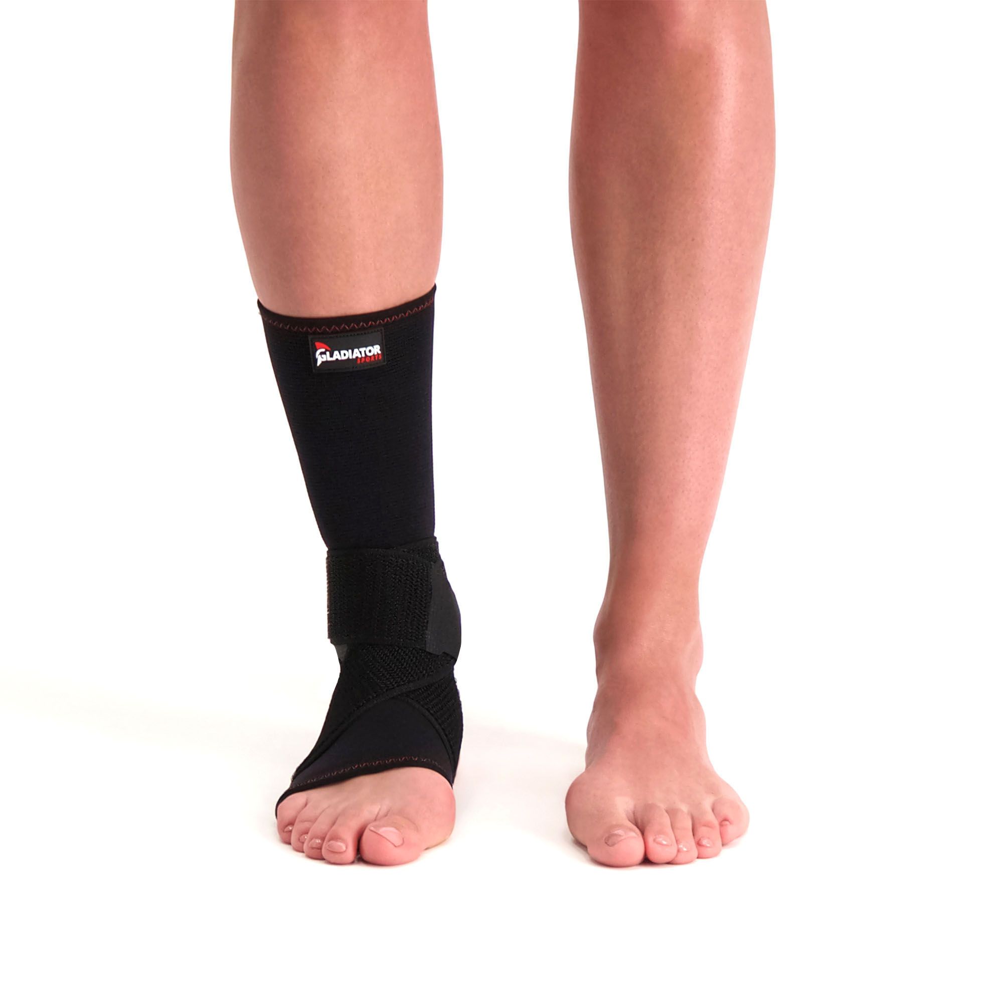 Front view of the Gladiator Sports Premium Ankle Support worn by model