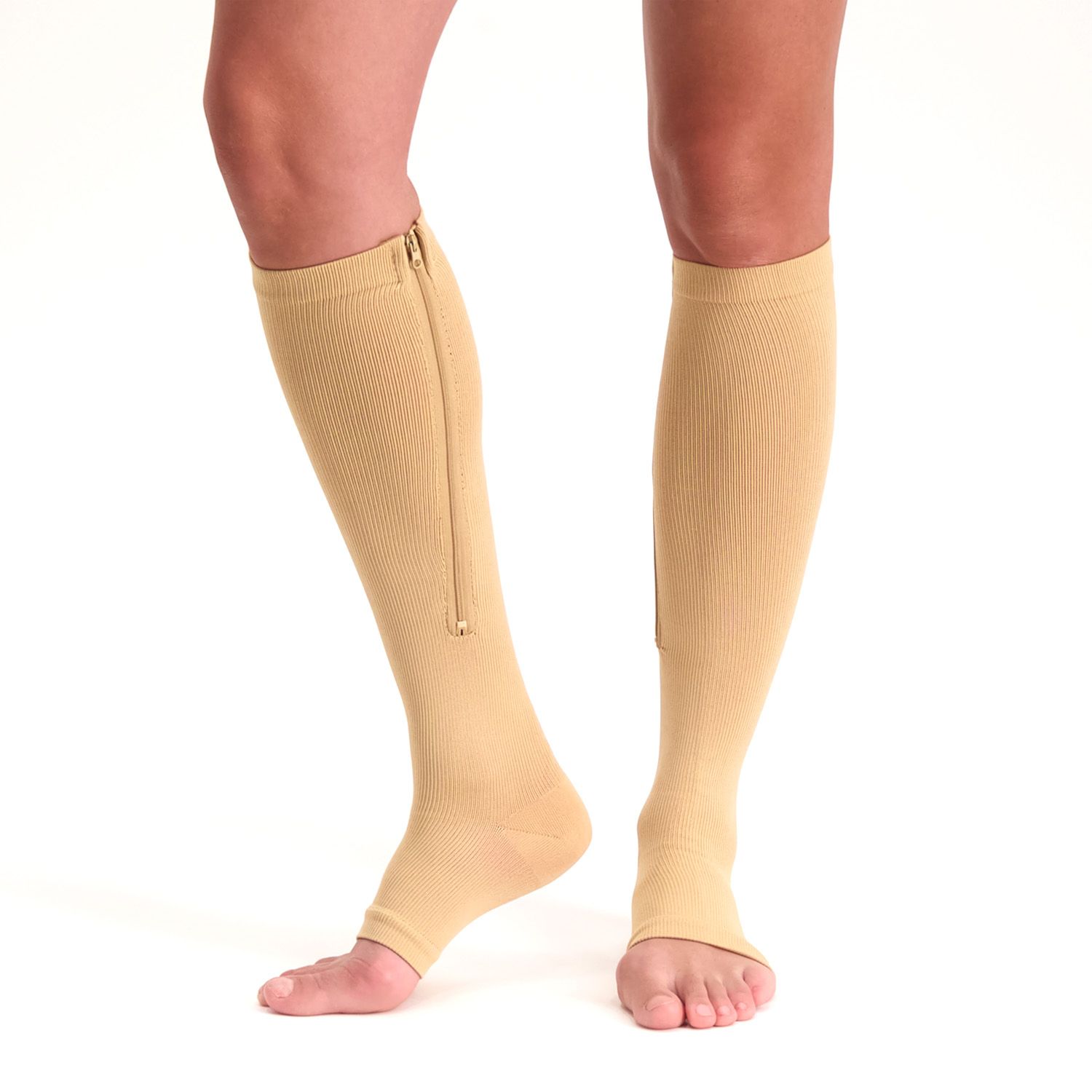Front view of model wearing the Support Stockings with Zipper - Open Toe - Black on both legs while walking