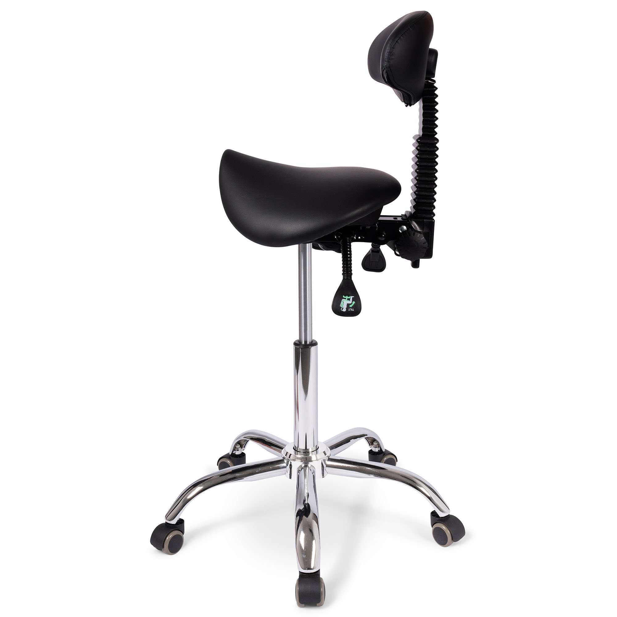 Seitenansicht des Dunimed Ergonomischer Sattelhocker mit Rückenlehne und kippbarem Sitz
