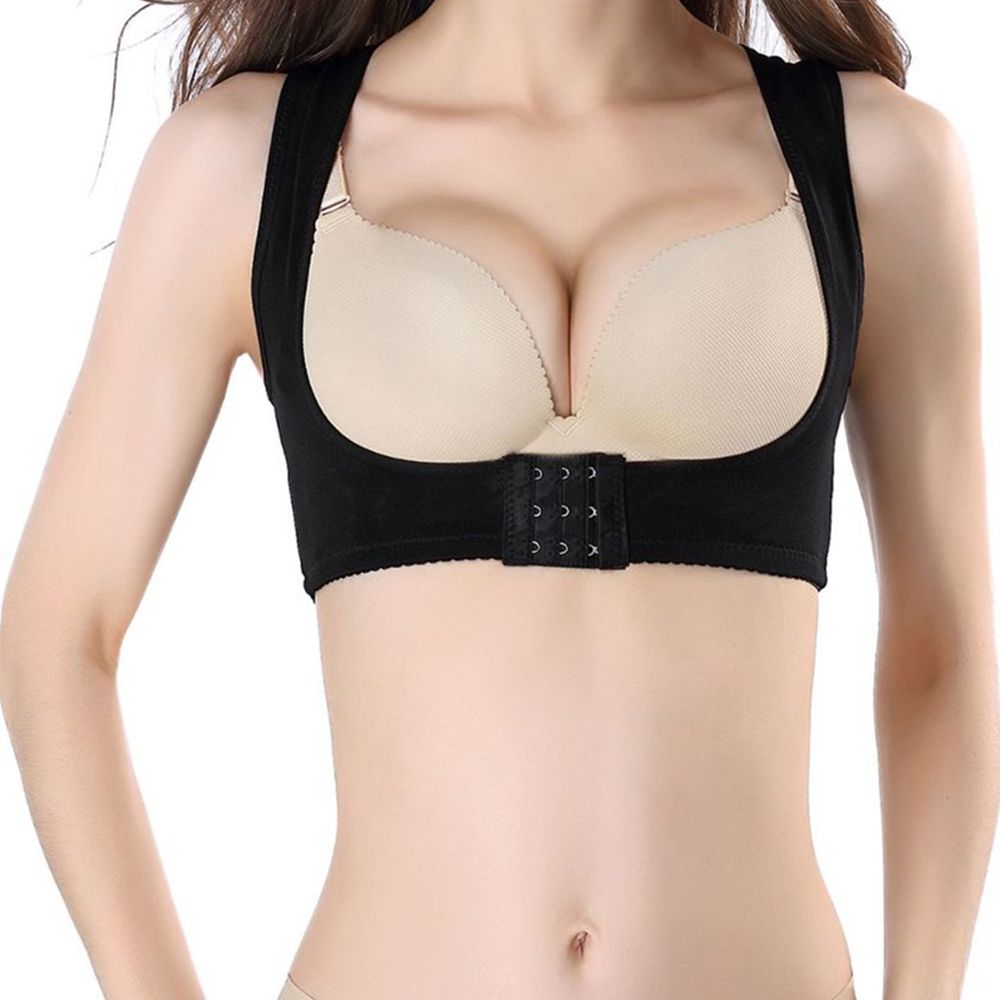 Front view of the Dunimed Posture Corrector / Back Straightener - Women's in Black being worn by model
