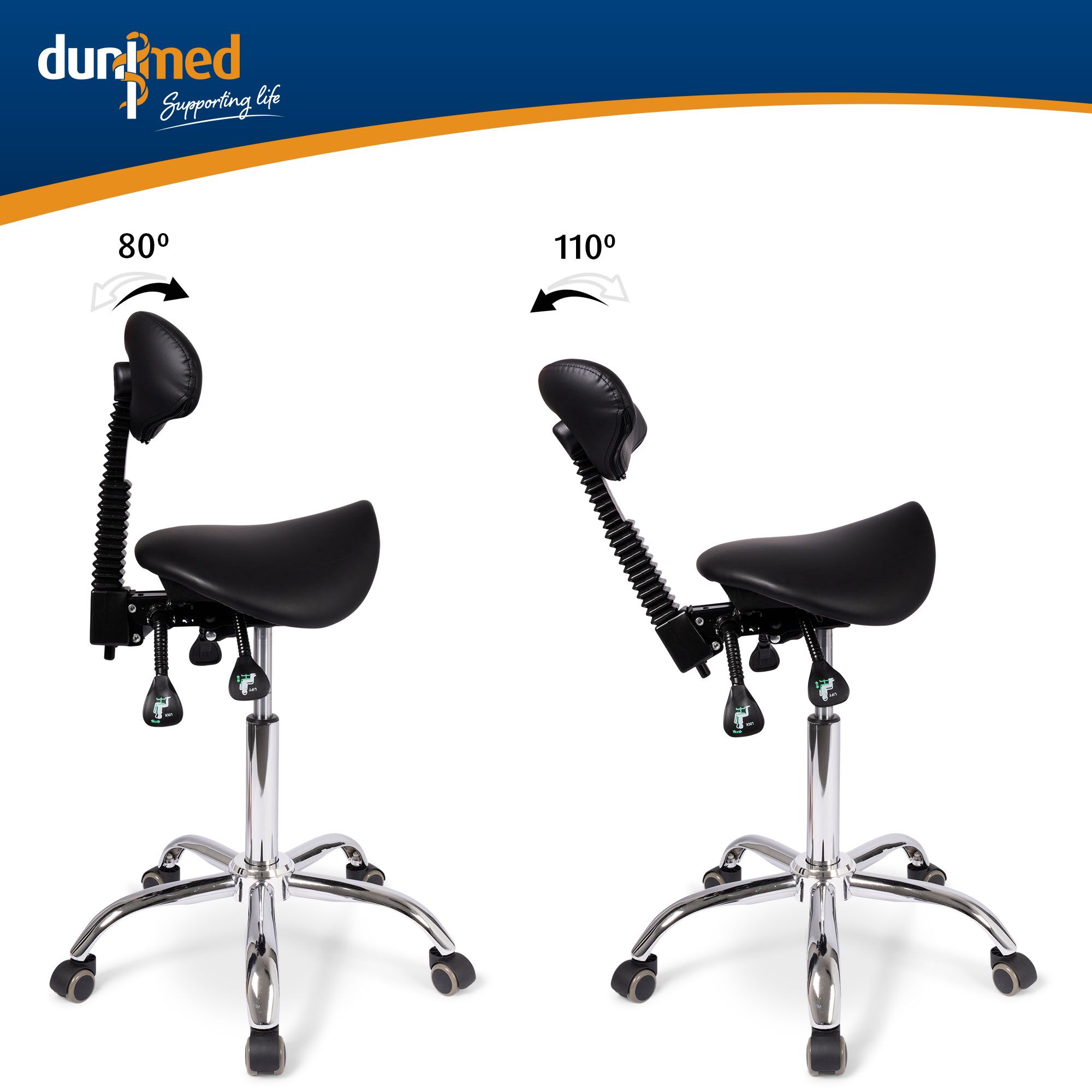 Backrest tilt angle of the Dunimed - Ergonomic Saddle Stool with Backrest (High version)