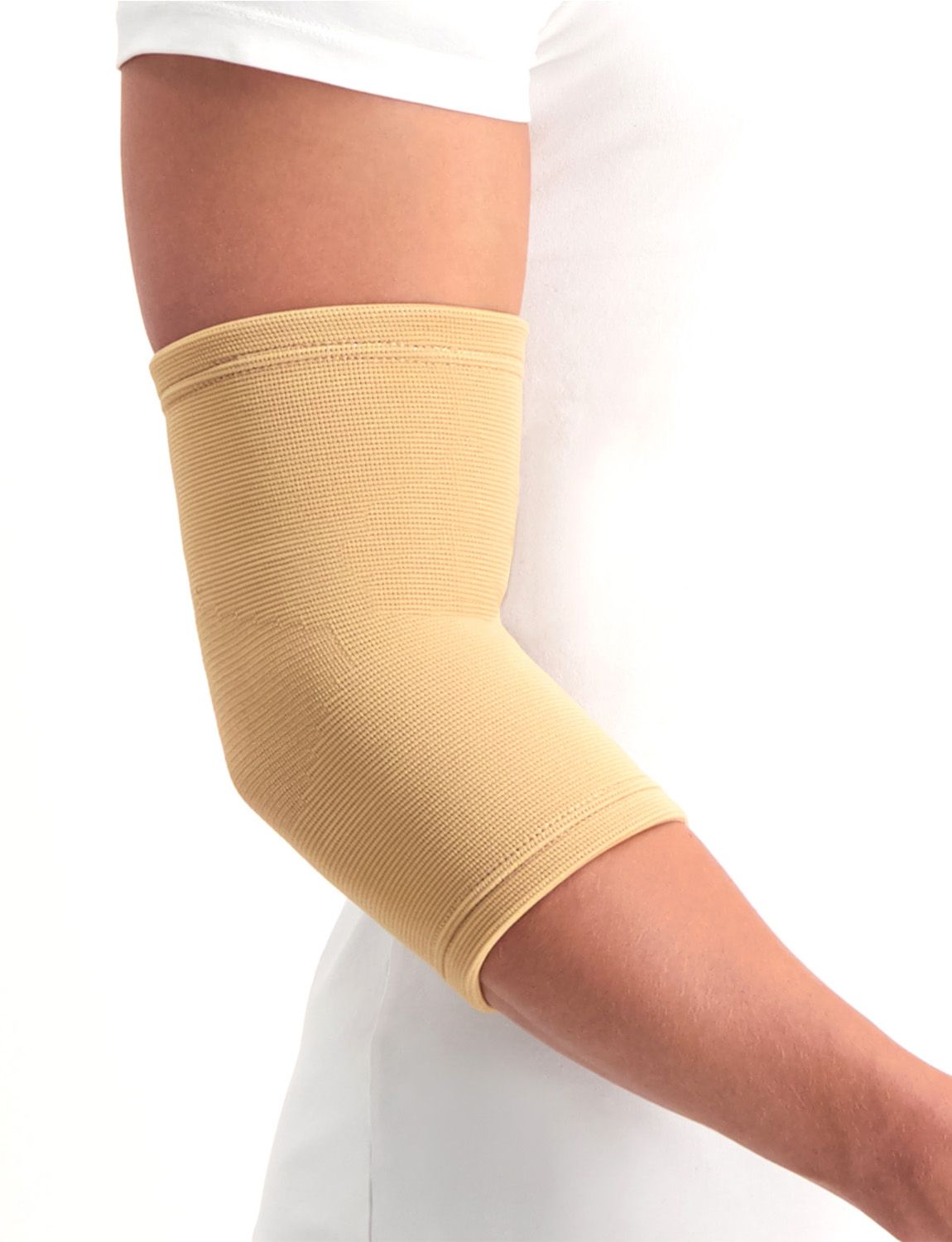 Model wearing the Dunimed Elbow Support - Beige around the right elbow