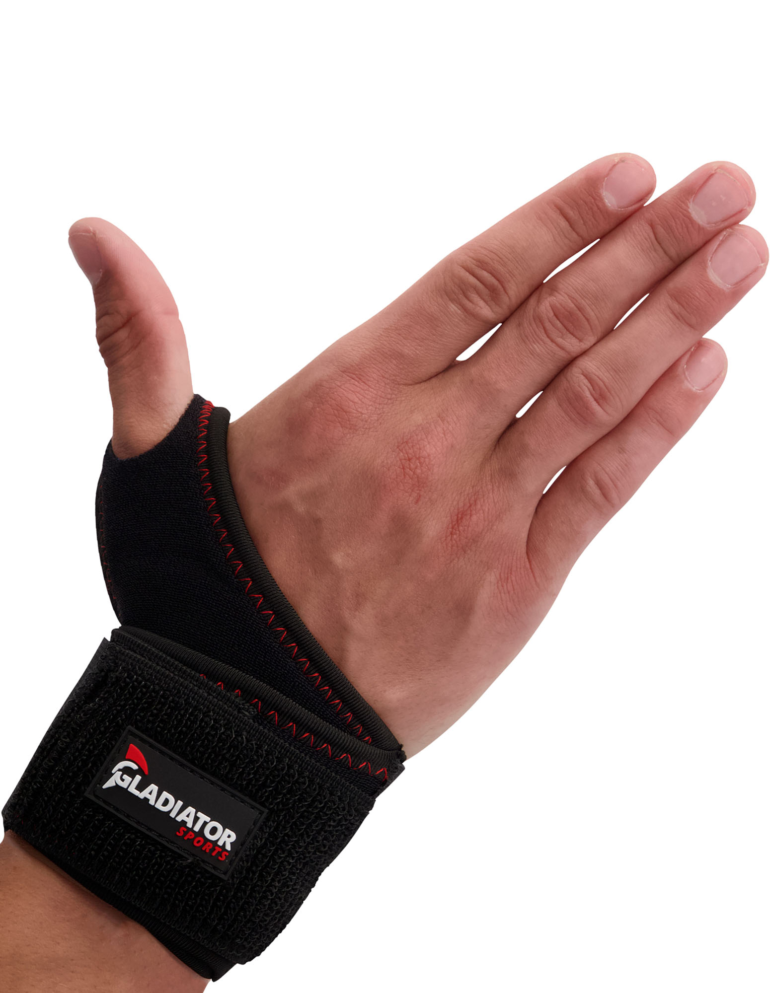 Gladiator Sports Handgelenkbandage mit Daumenöffnung um das rechte Handgelenk getragen