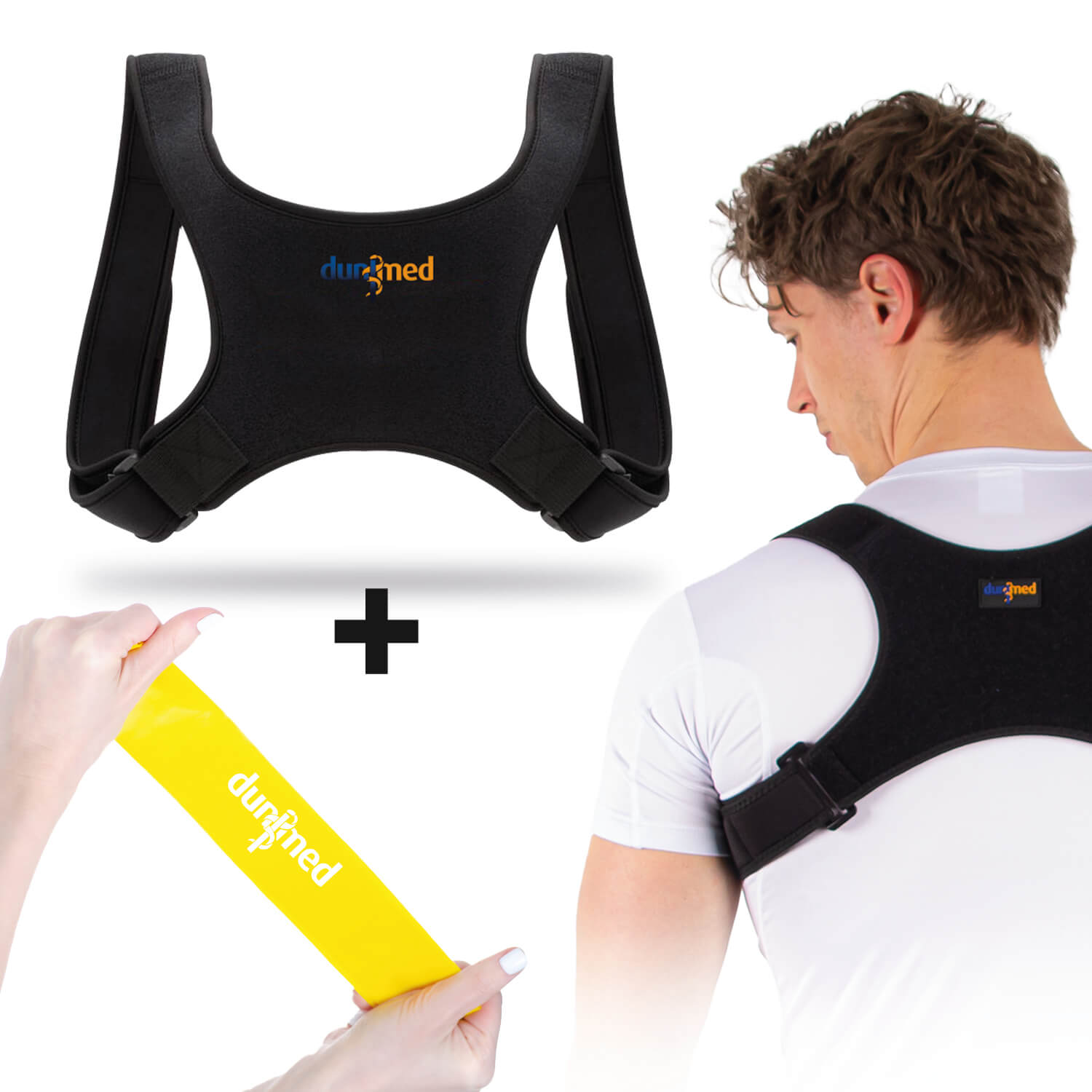 Dunimed Ventilating Posture Corrector worn by model with free resistance band