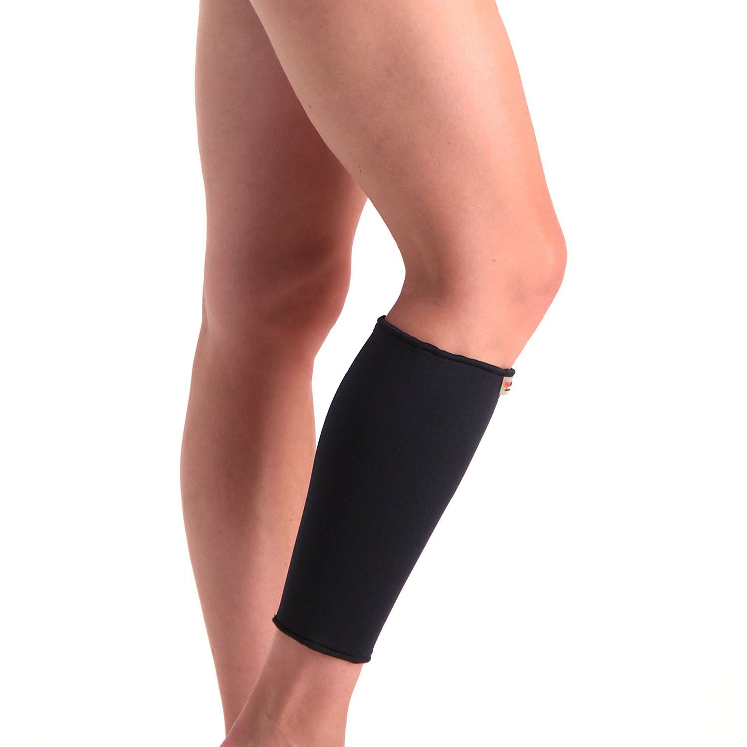 Right side view of model wearing the Super Ortho Calf Support in Black