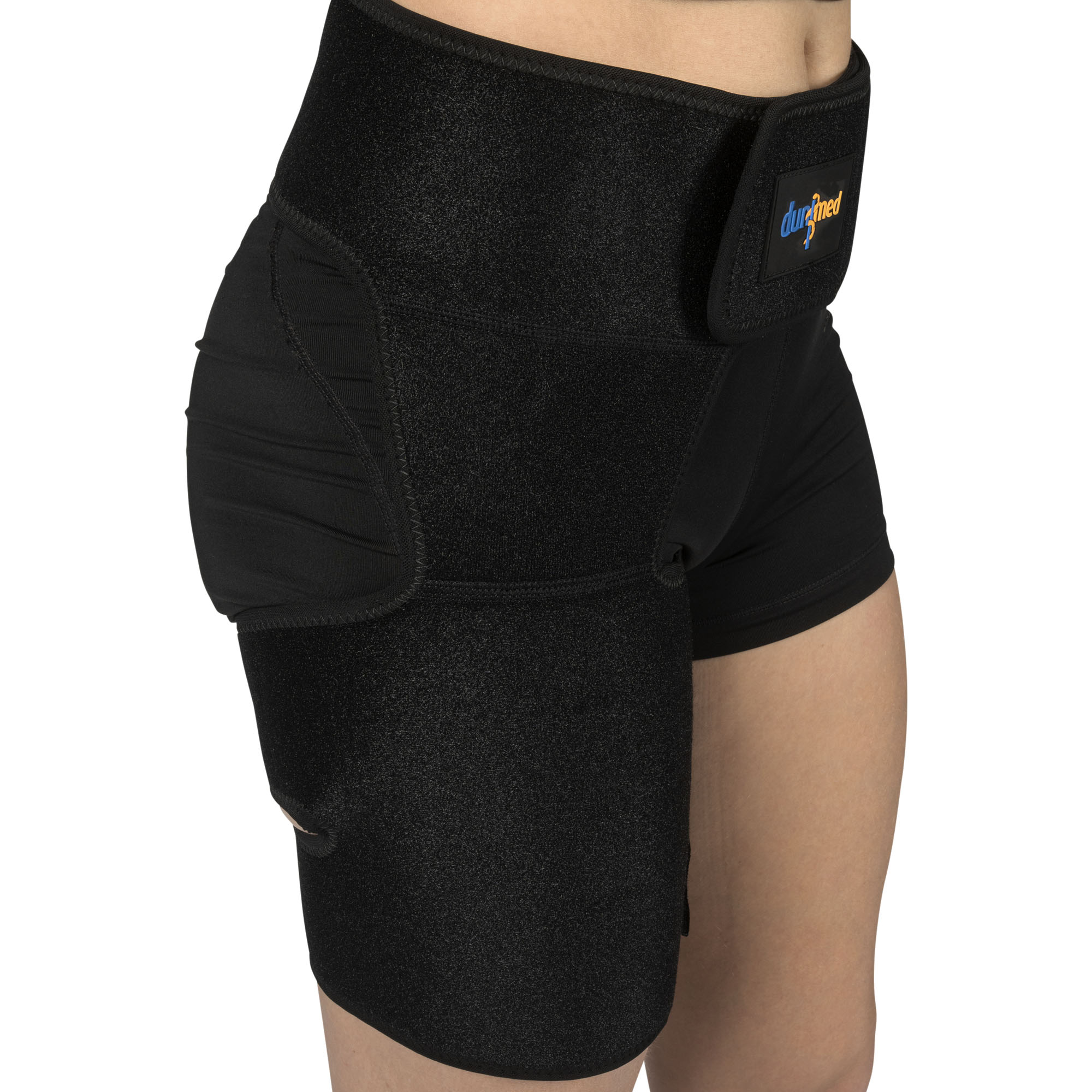 Dunimed Adjustable Hip Brace - Thigh - Groin Support worn by model pictured from the side