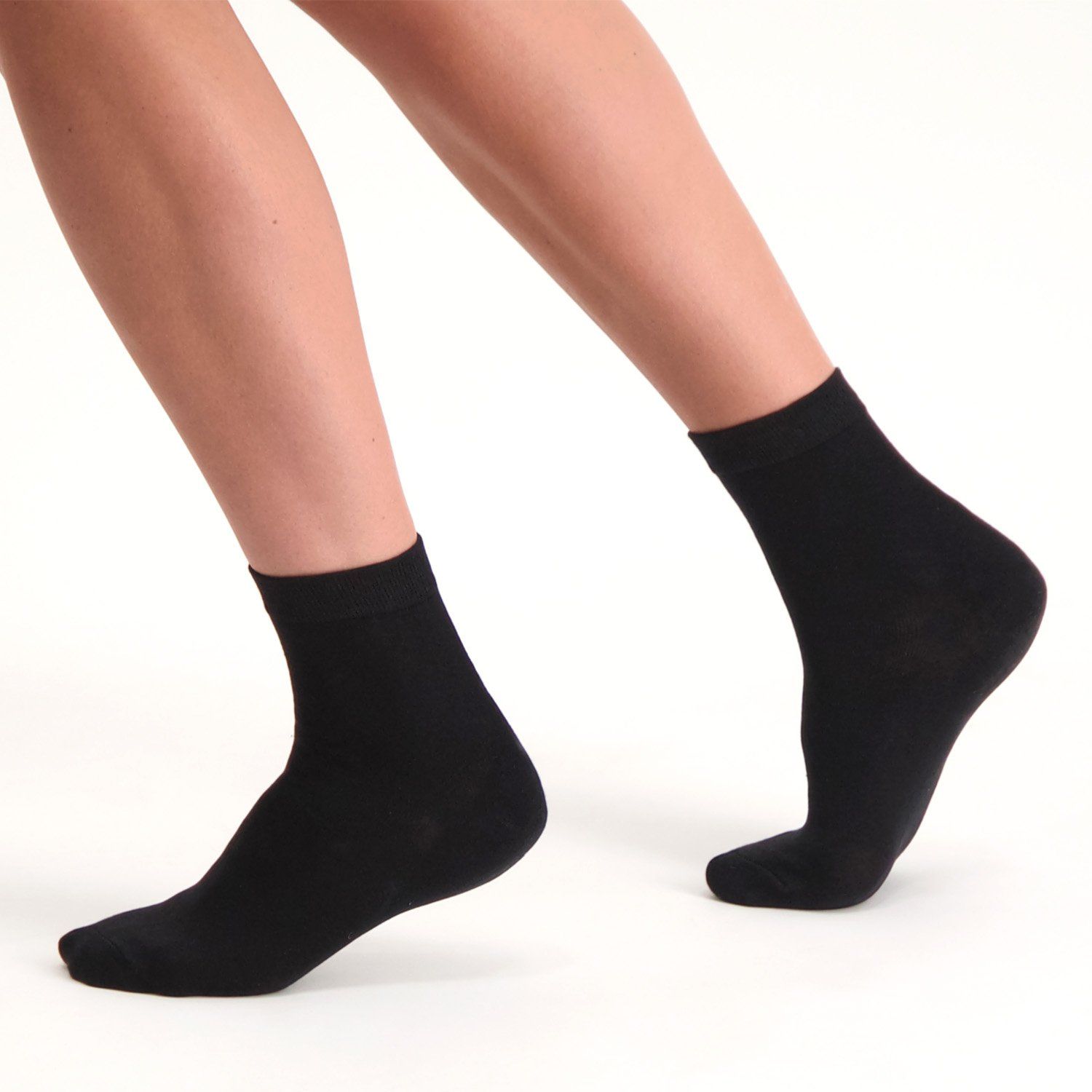 Left side view of model wearing the Solelution Socks with Silicone Gel Heel