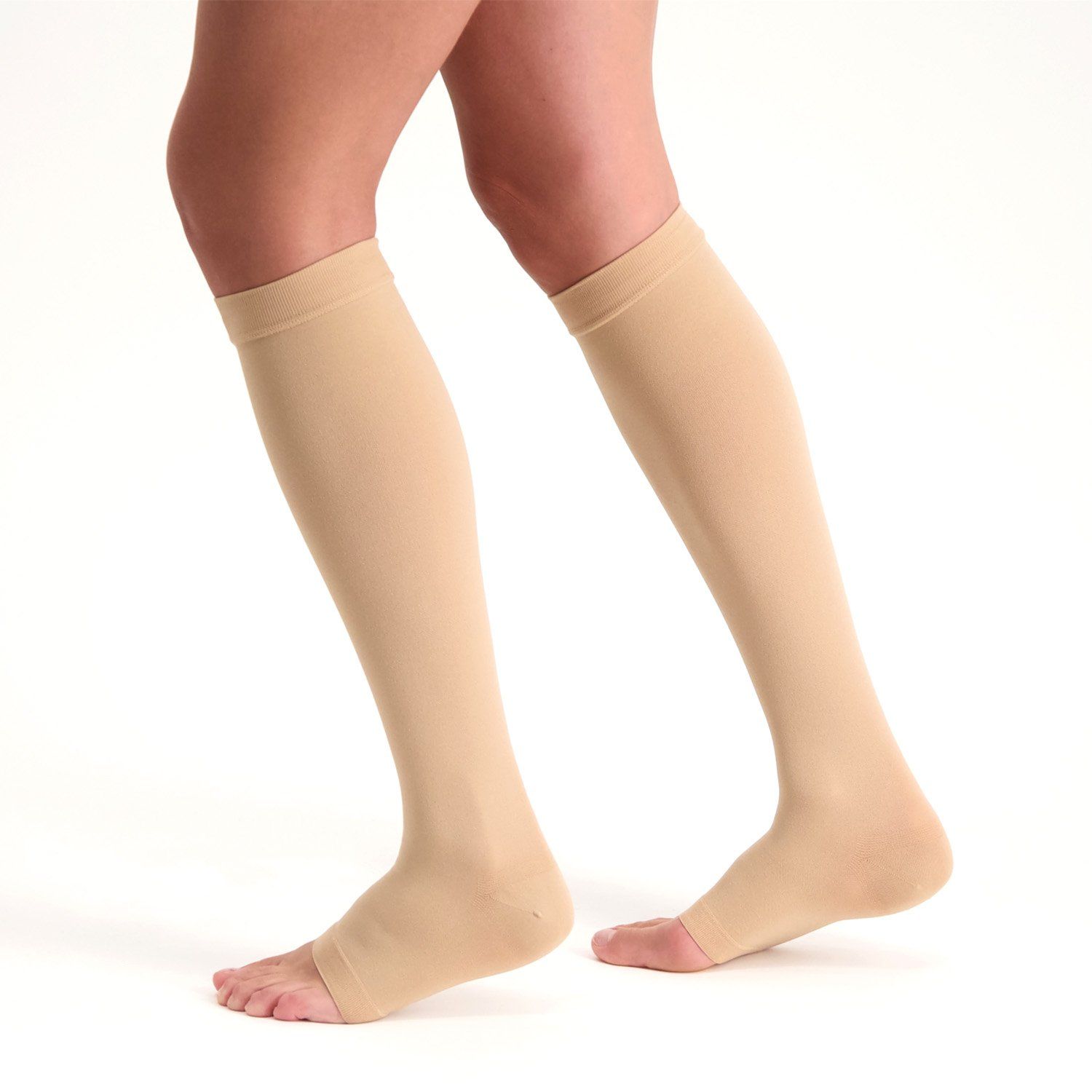 Dunimed Premium Comfort Stützstrümpfe Druckklasse 3 – Offene Fußspitze getragen Linke Seitenansicht