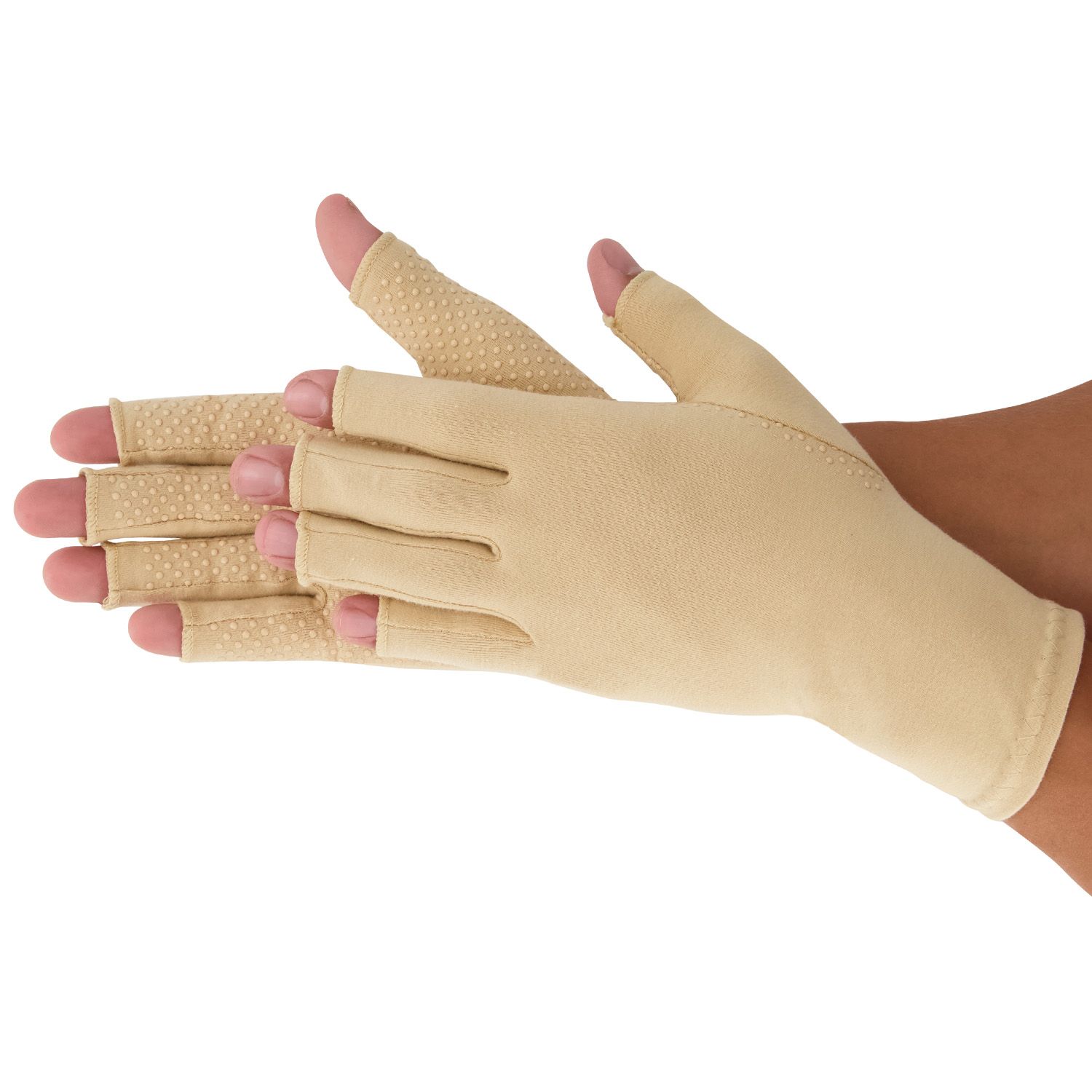 Model wearing the Dunimed Osteoarthritis / Rheumatoid Arthritis Gloves with Anti-slip Layer in Beige while rubbing the hands