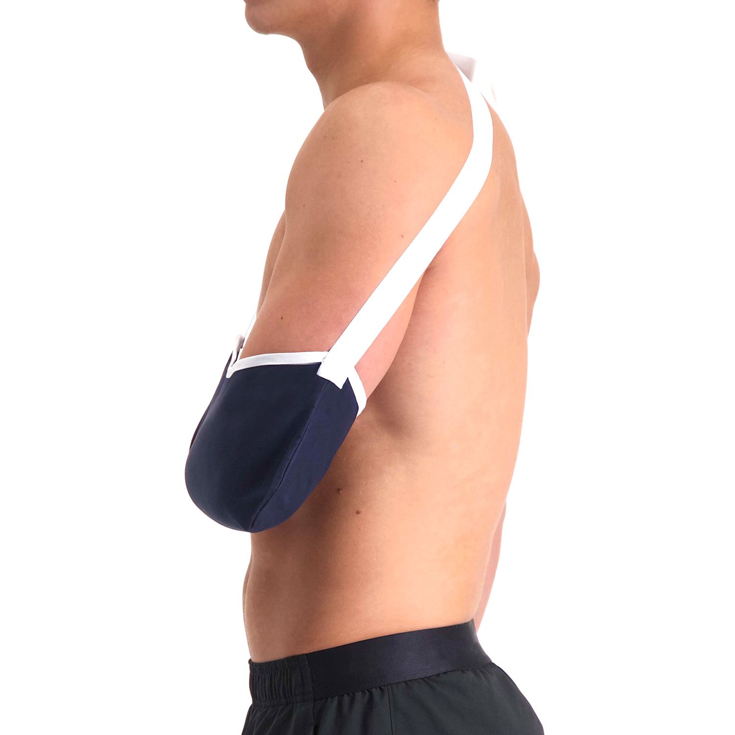 Side view of the Dunimed arm sling worn on left arm