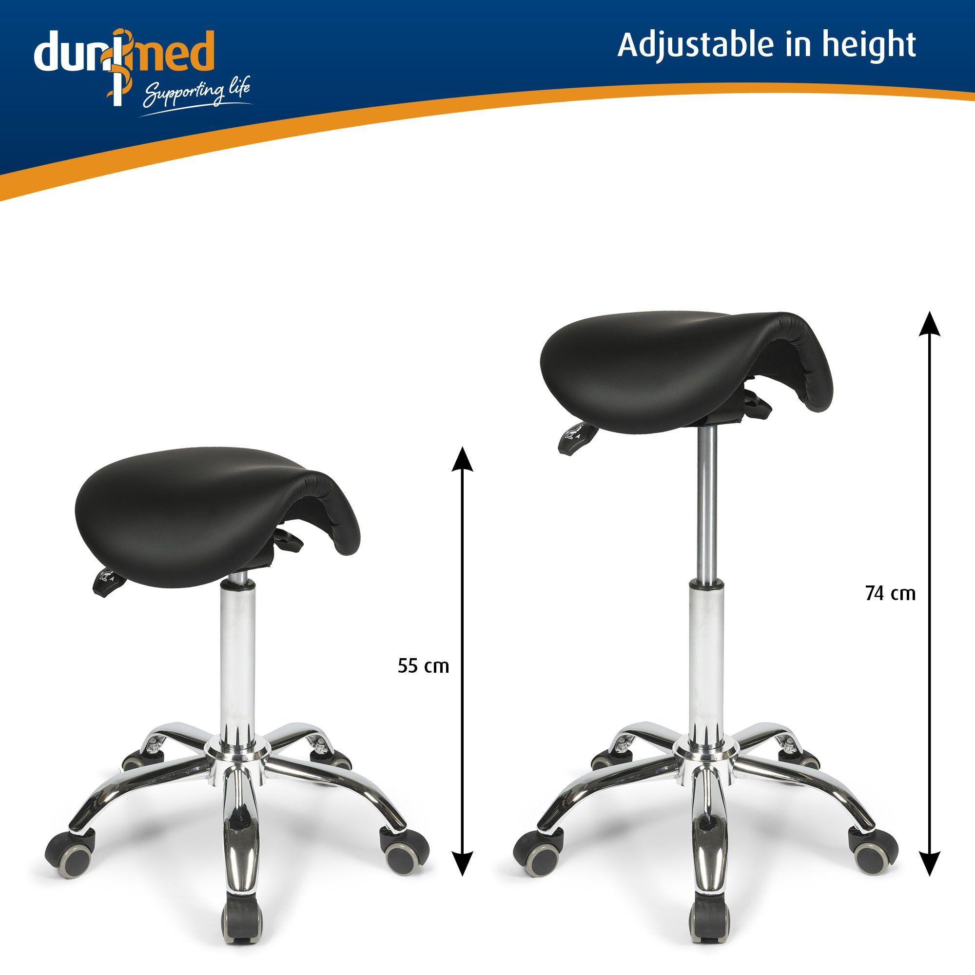 Minimum and maximum height of the Dunimed Ergonomic Saddle Stool with Tiltable Seat (High Version)