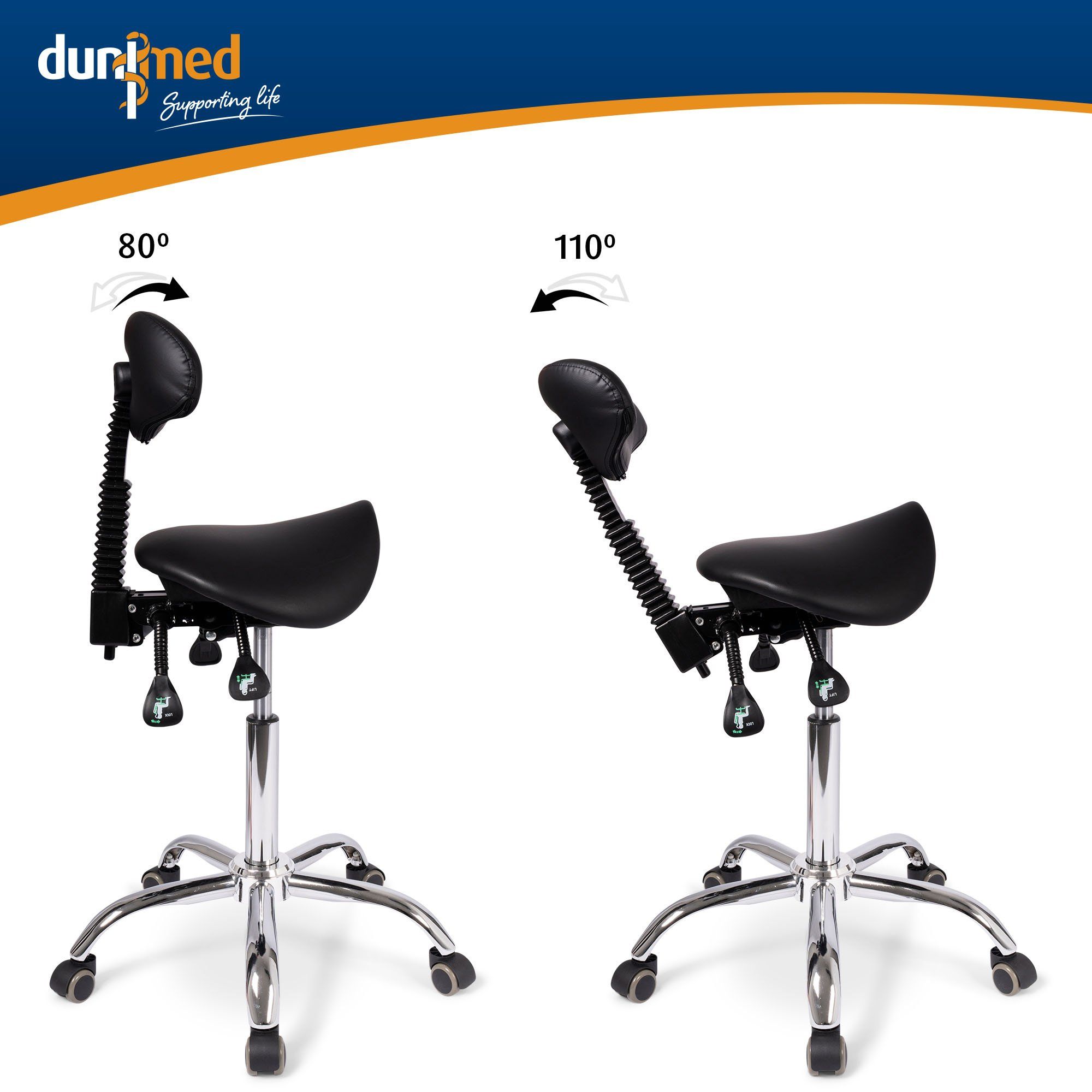 Erläuterung der kippbaren Rückenlehne des Dunimed Ergonomischer Sattelhocker mit Rückenlehne und kippbarem Sitz