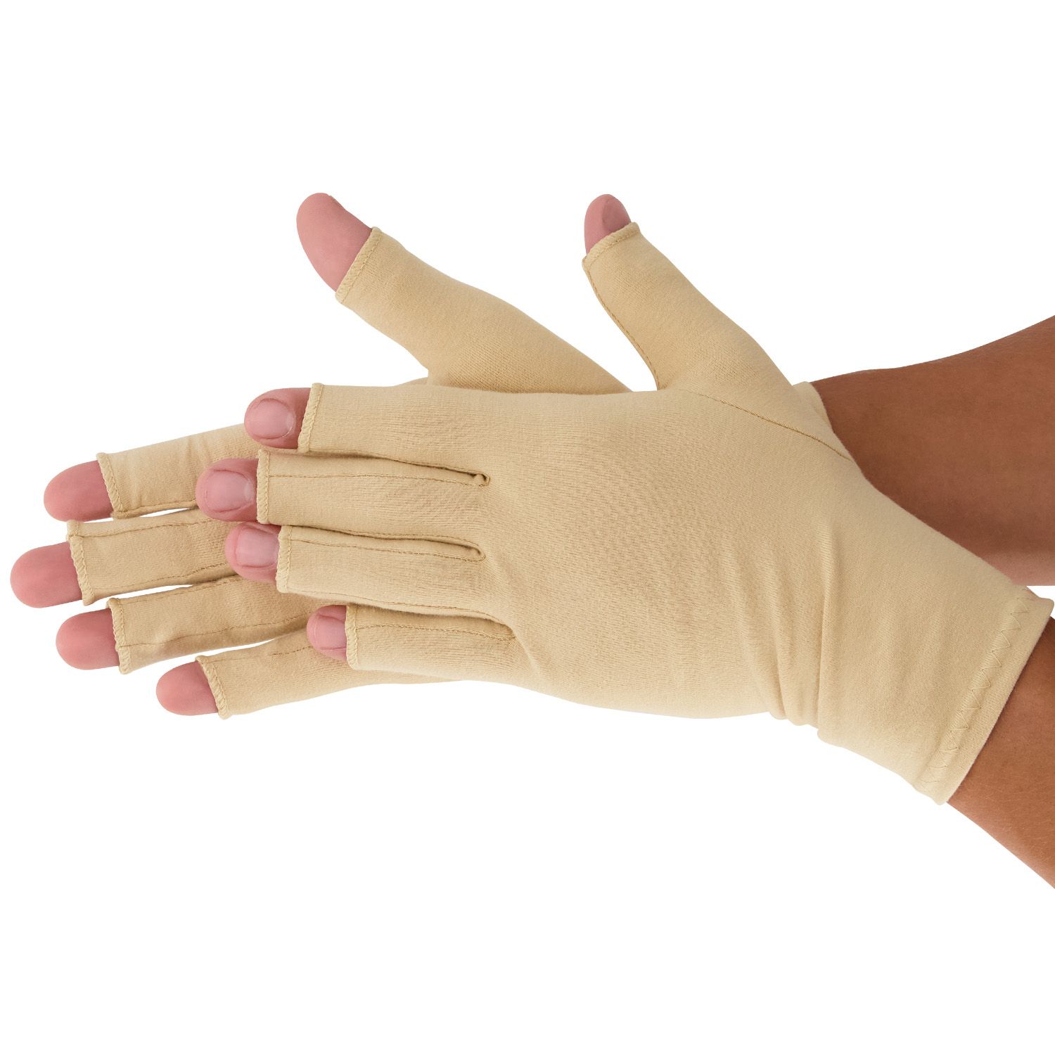 Model wearing the Dunimed Osteoarthritis / Rheumatoid Arthritis Gloves in Beige while rubbing the hands