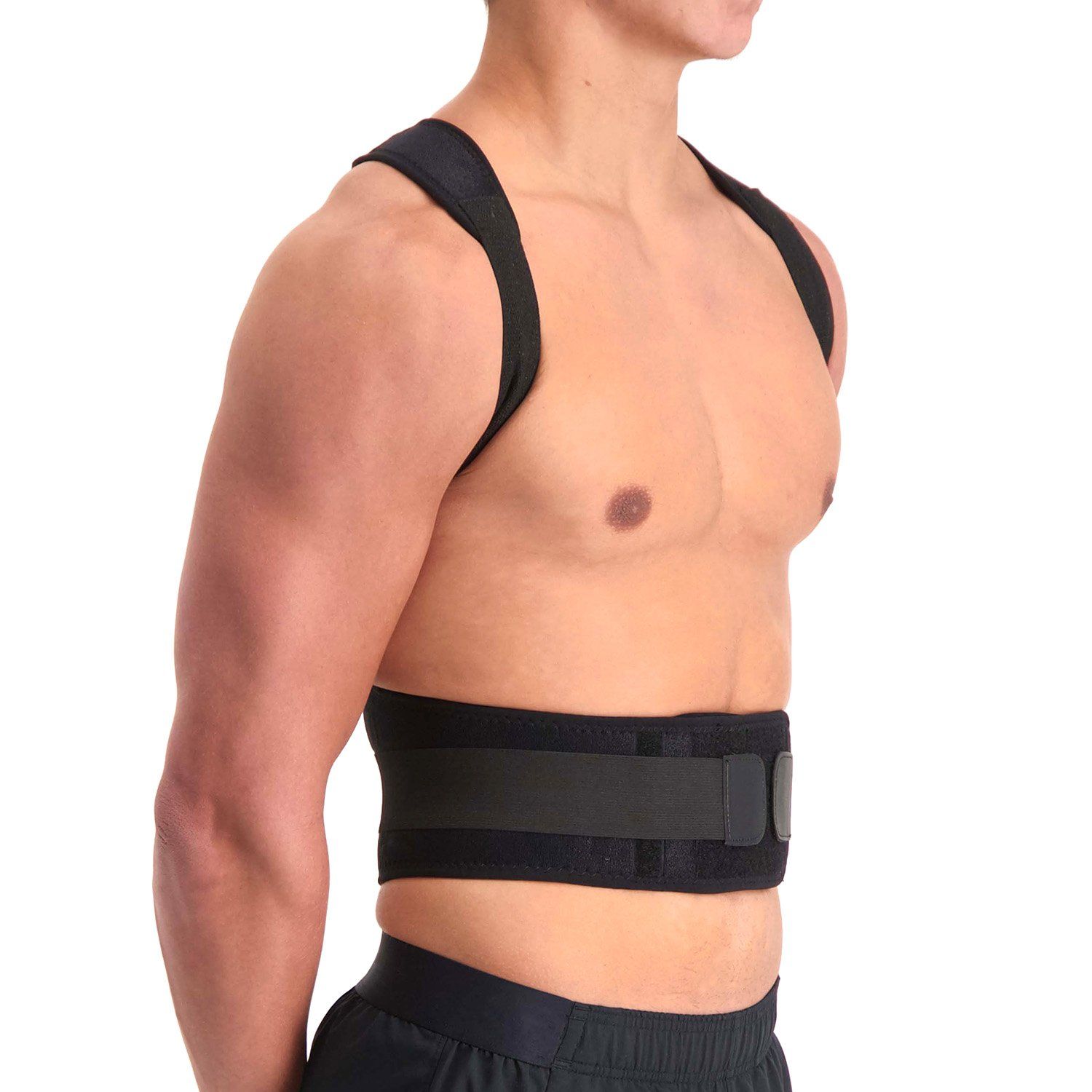 Side view of model wearing the Dunimed Premium Posture Corrector with has arms behind his back