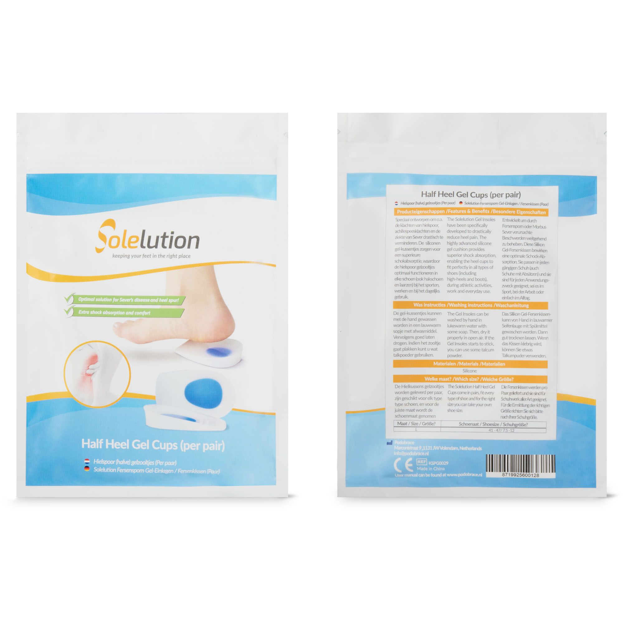 Fersenschmerz Fersenkissen (halbe) Gel-Sohlen Verpackung Vorder und Rückseite