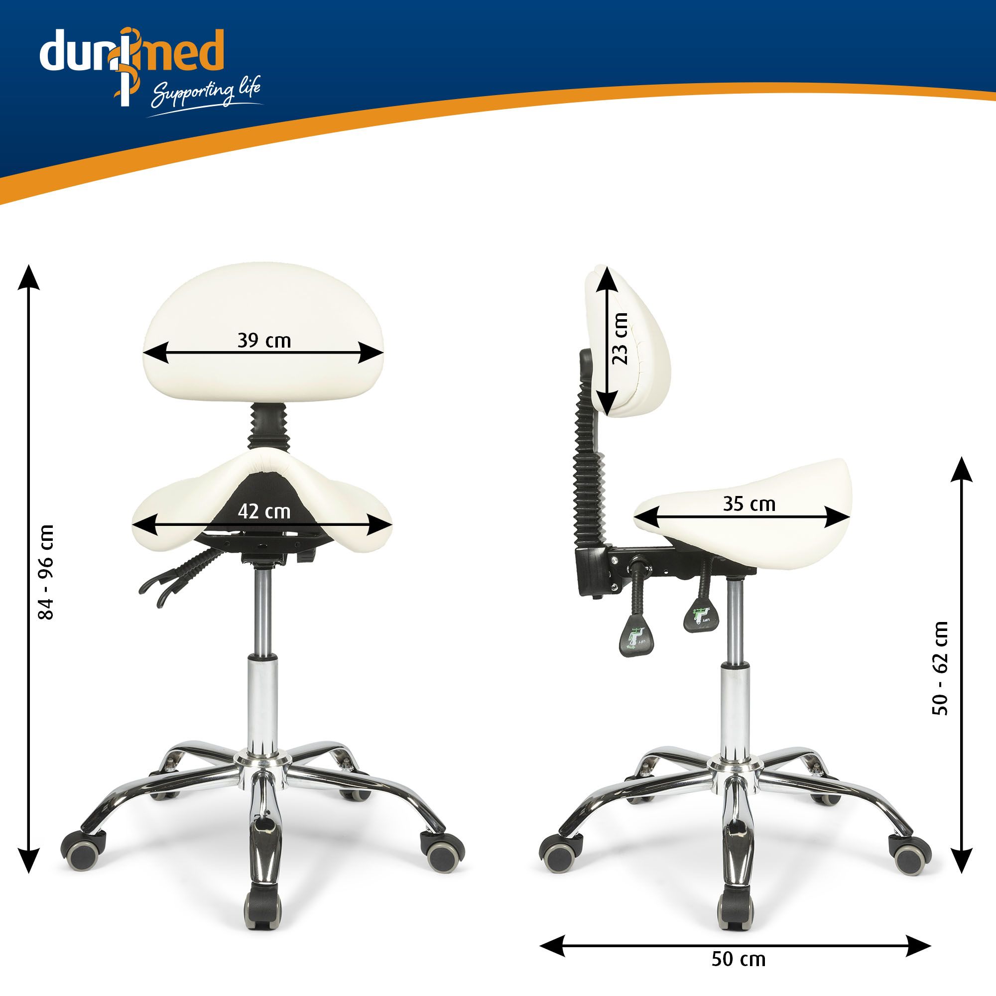 Die Abmessungen des Dunimed Ergonomischer Sattelhocker mit Rückenlehne - Weiß