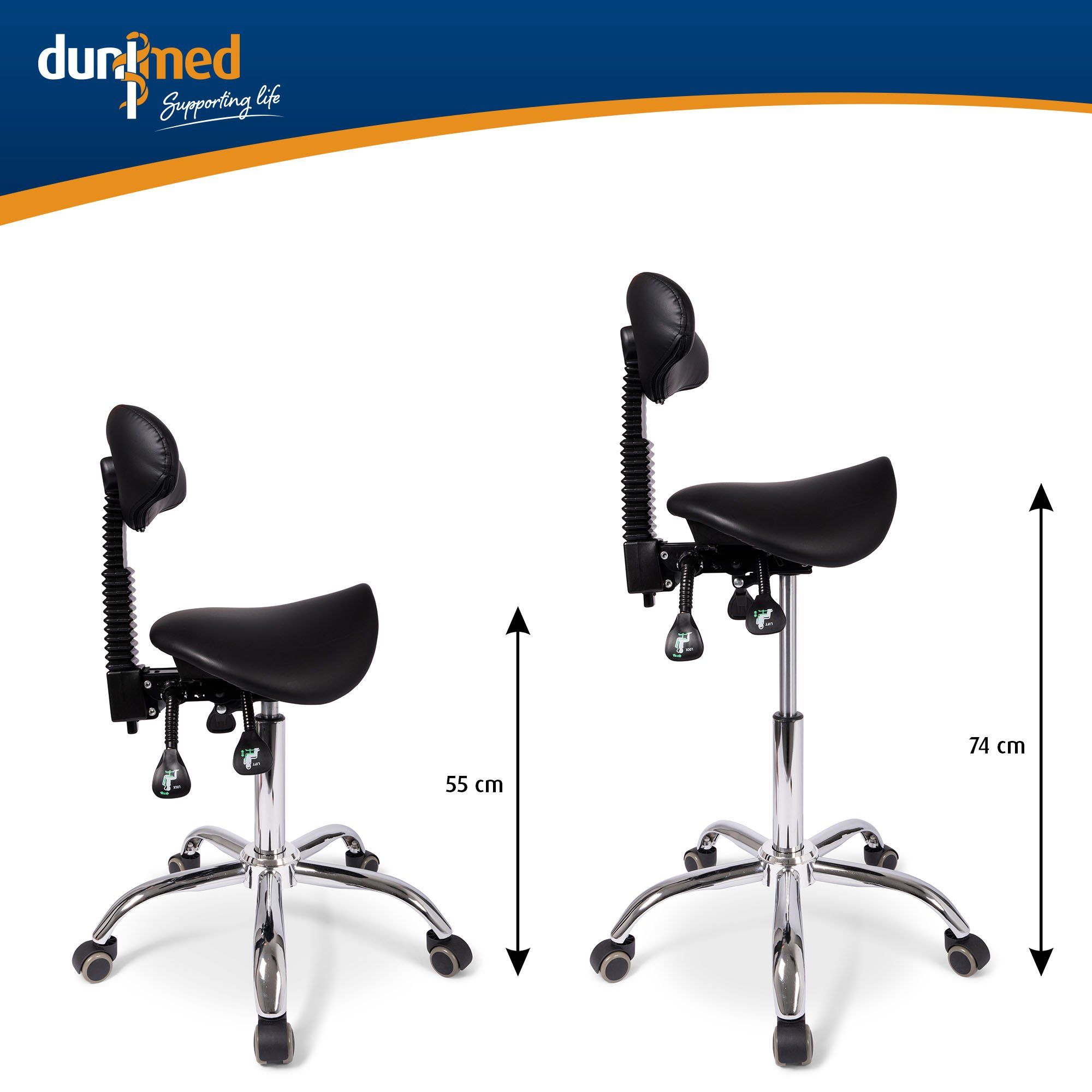 Die minimale und maximale Höhe des Dunimed Ergonomischer Sattelhocker mit Rückenlehne und kippbarem Sitz