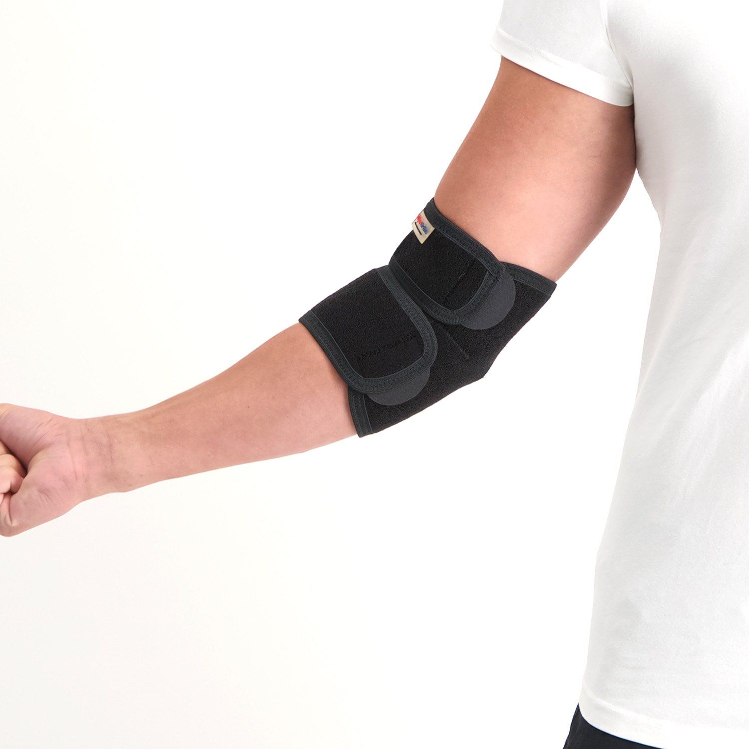 Left side view of model wearing the Super Ortho Elbow Support Sleeve