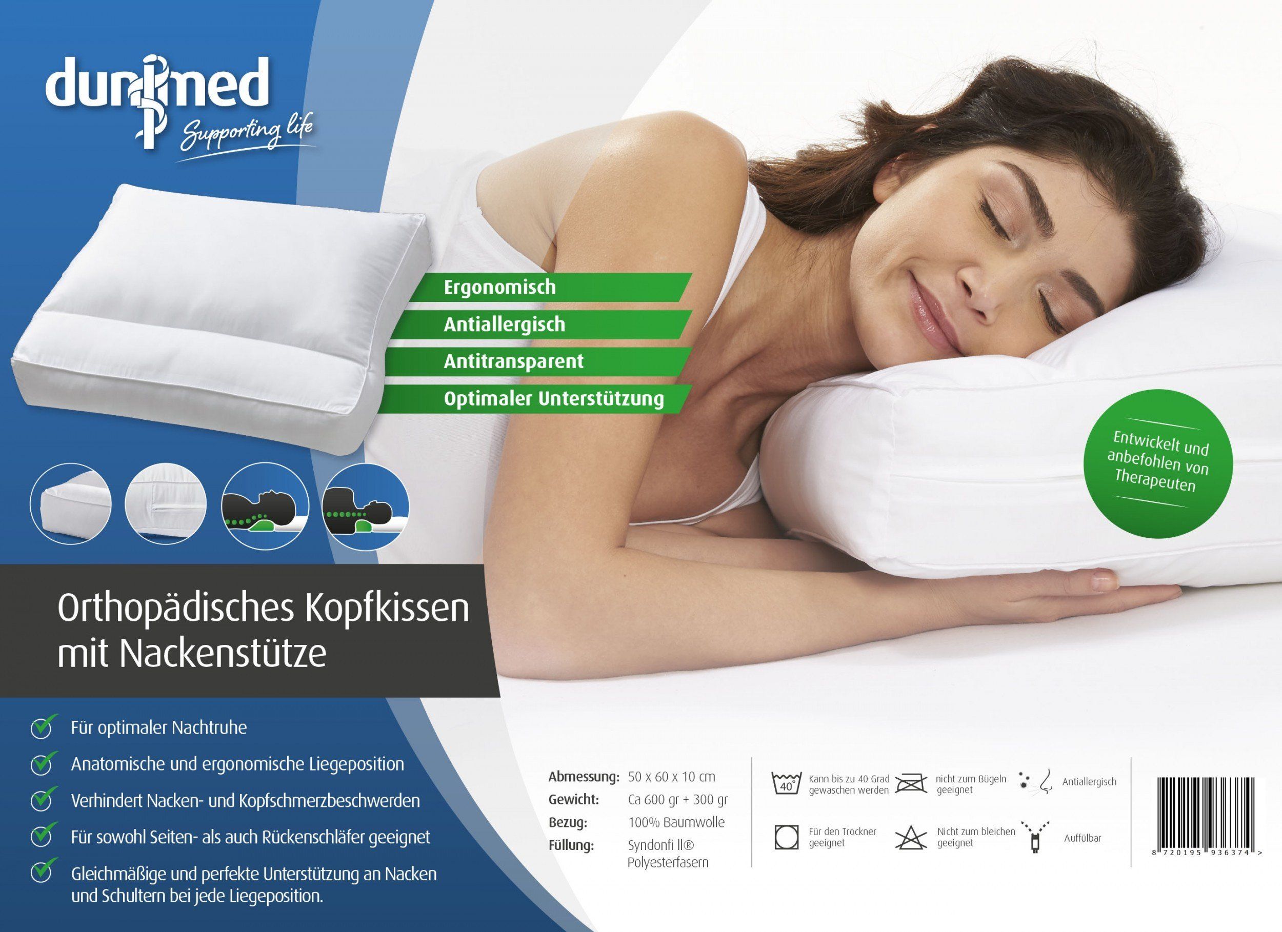 Dunimed Orthopädisches Kopfkissen mit Nackenstütze verpackung