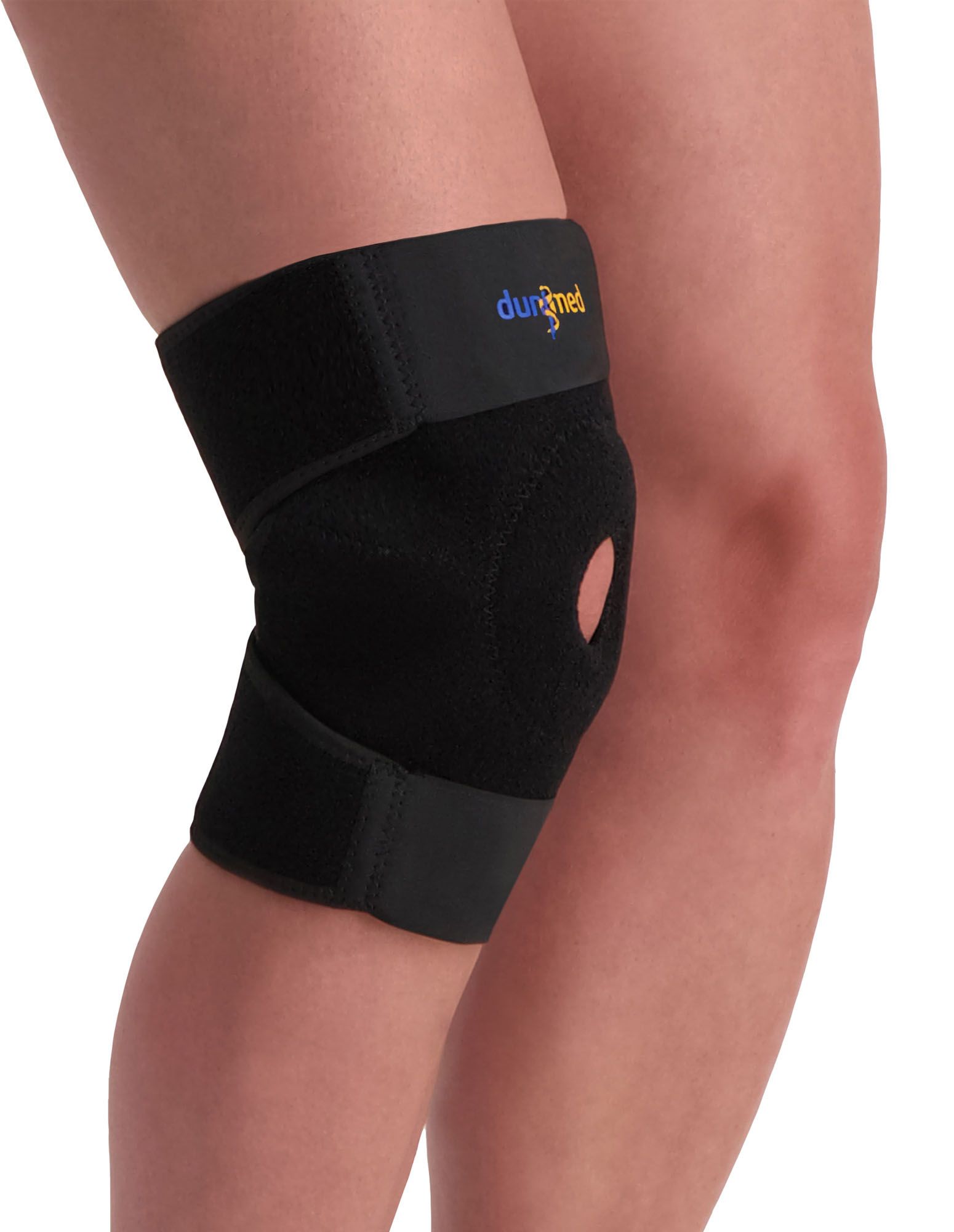 Dunimed Knee Support Wrap worn around right knee by model