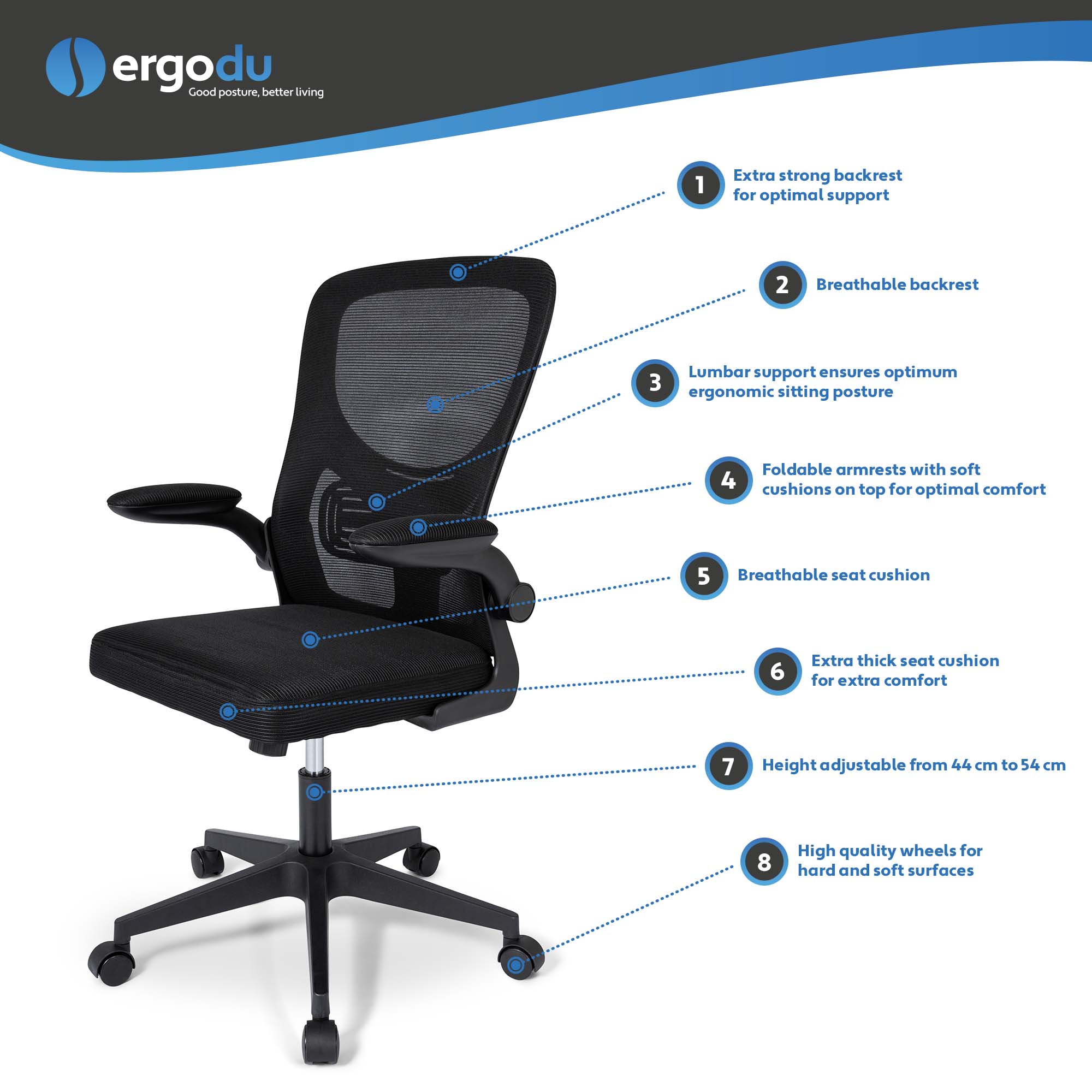 Ergodu Ergonomischer Bürostuhl mit klappbaren Armlehnen Produktspezifikationen