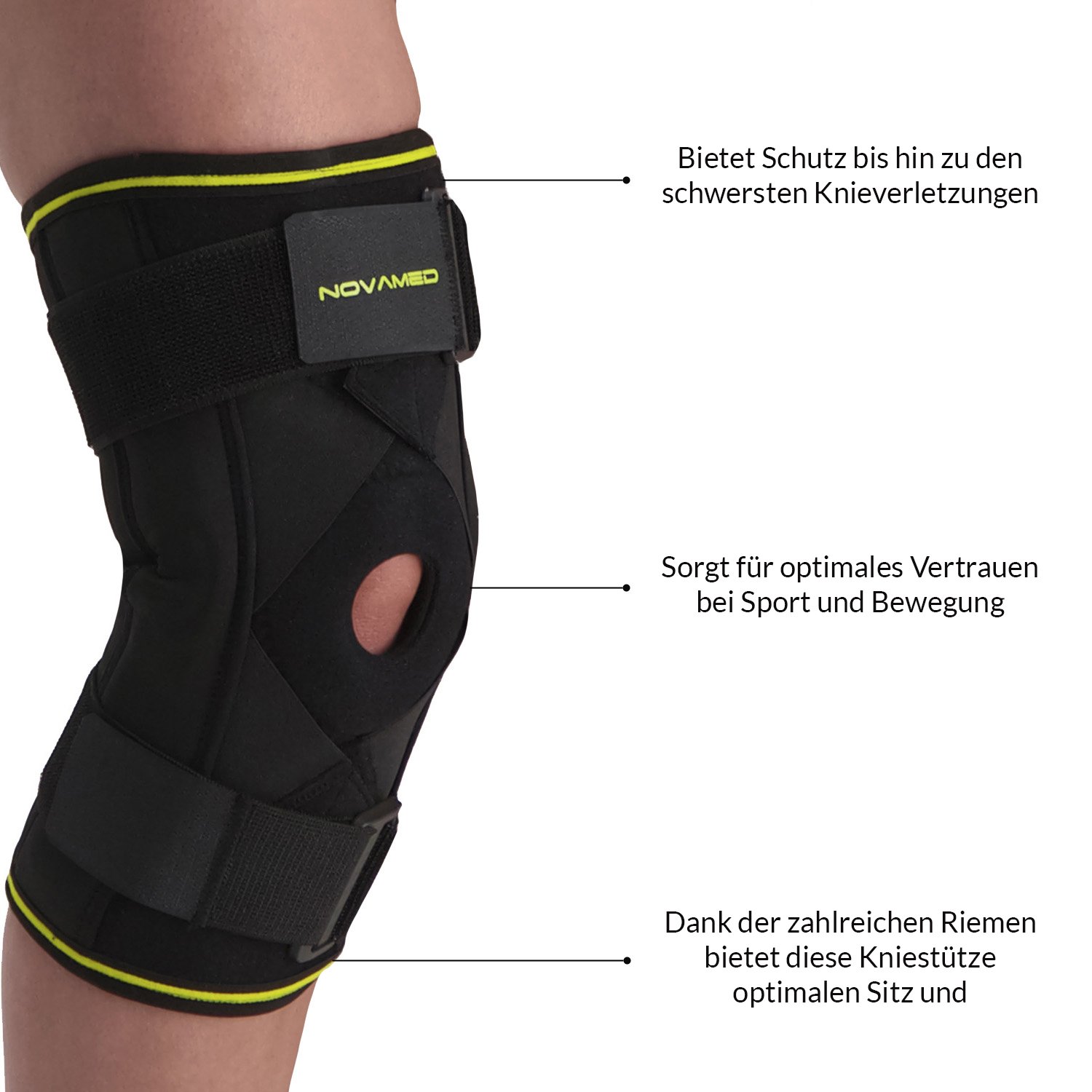 Novamed Scharnier Knieorthese MAX mit zusätzlichen gekreuzten Bändern Produktspezifikationen