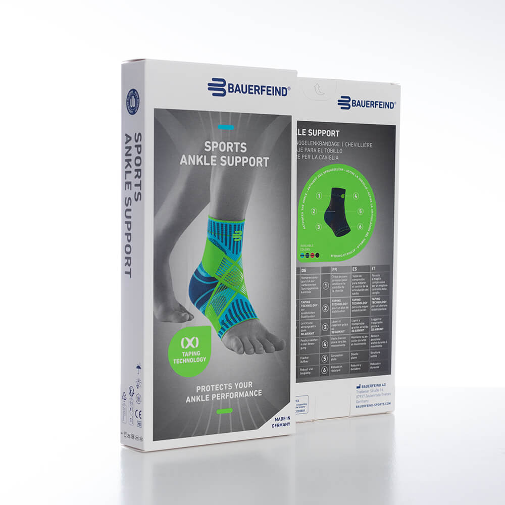 Verpackung der Bauerfeind Sports Sprunggelenkbandage Riviera Blau