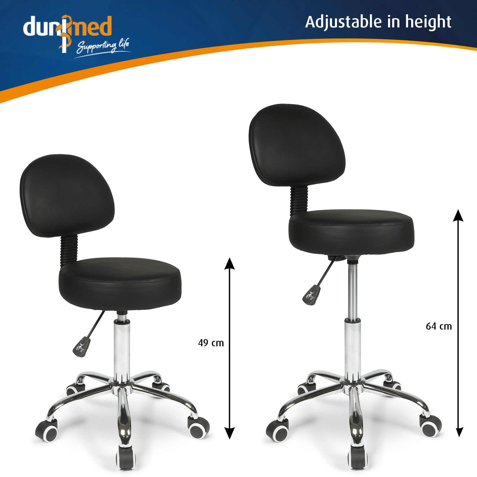 Height adjustability of the Dunimed Work Stool with Wheels and Backrest