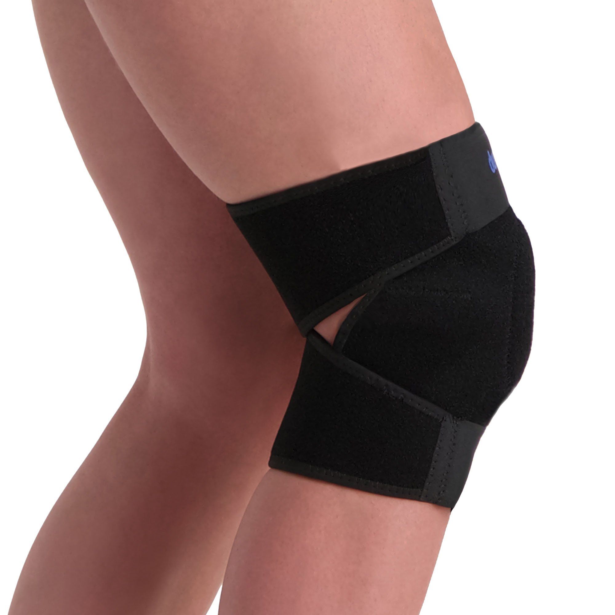 Seitenansicht des Models das die Dunimed Wickel-Kniebandage trägt