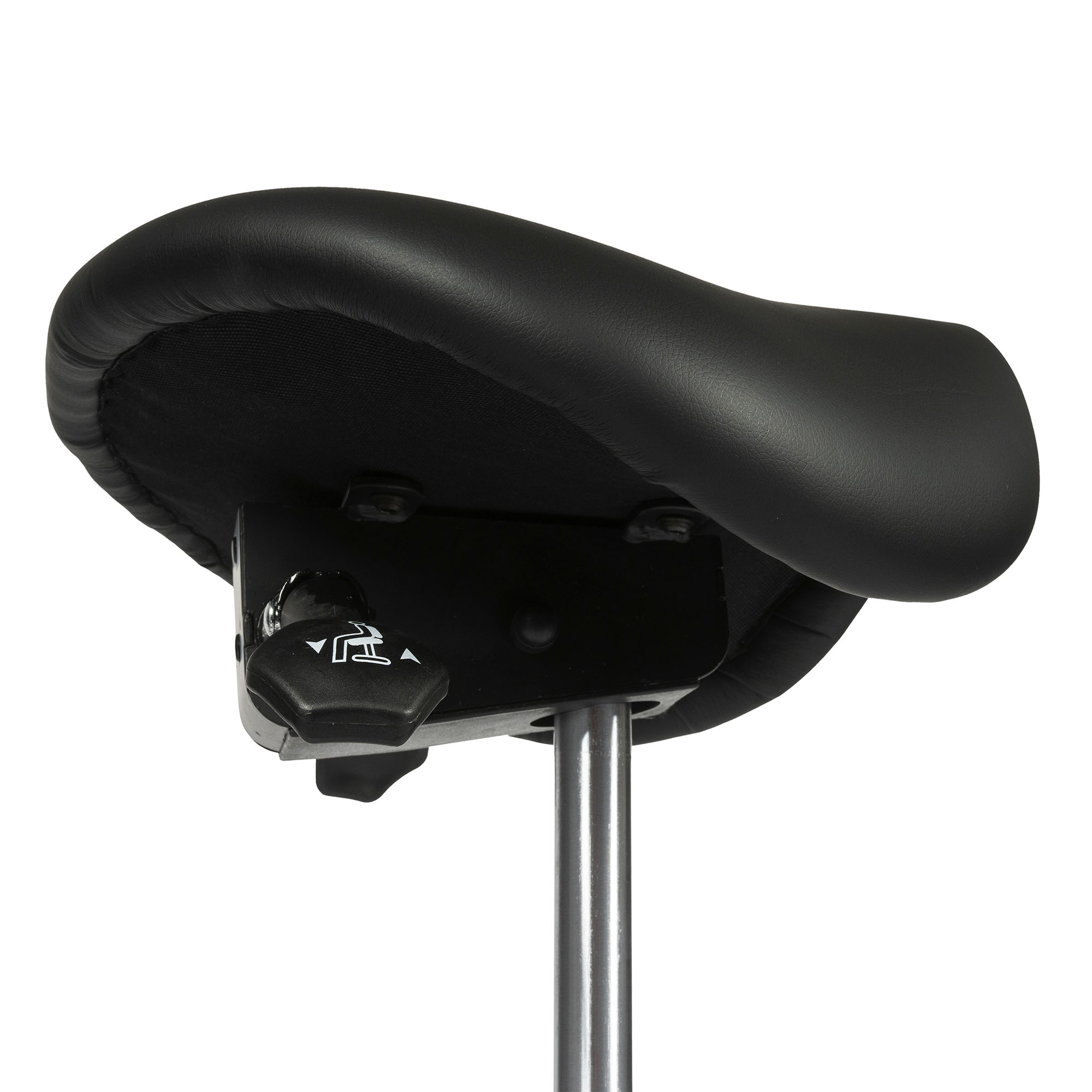 Bottom of the seat with the handle on the right side of the Dunimed Ergonomic Saddle Stool with Tiltable Seat (High Version)