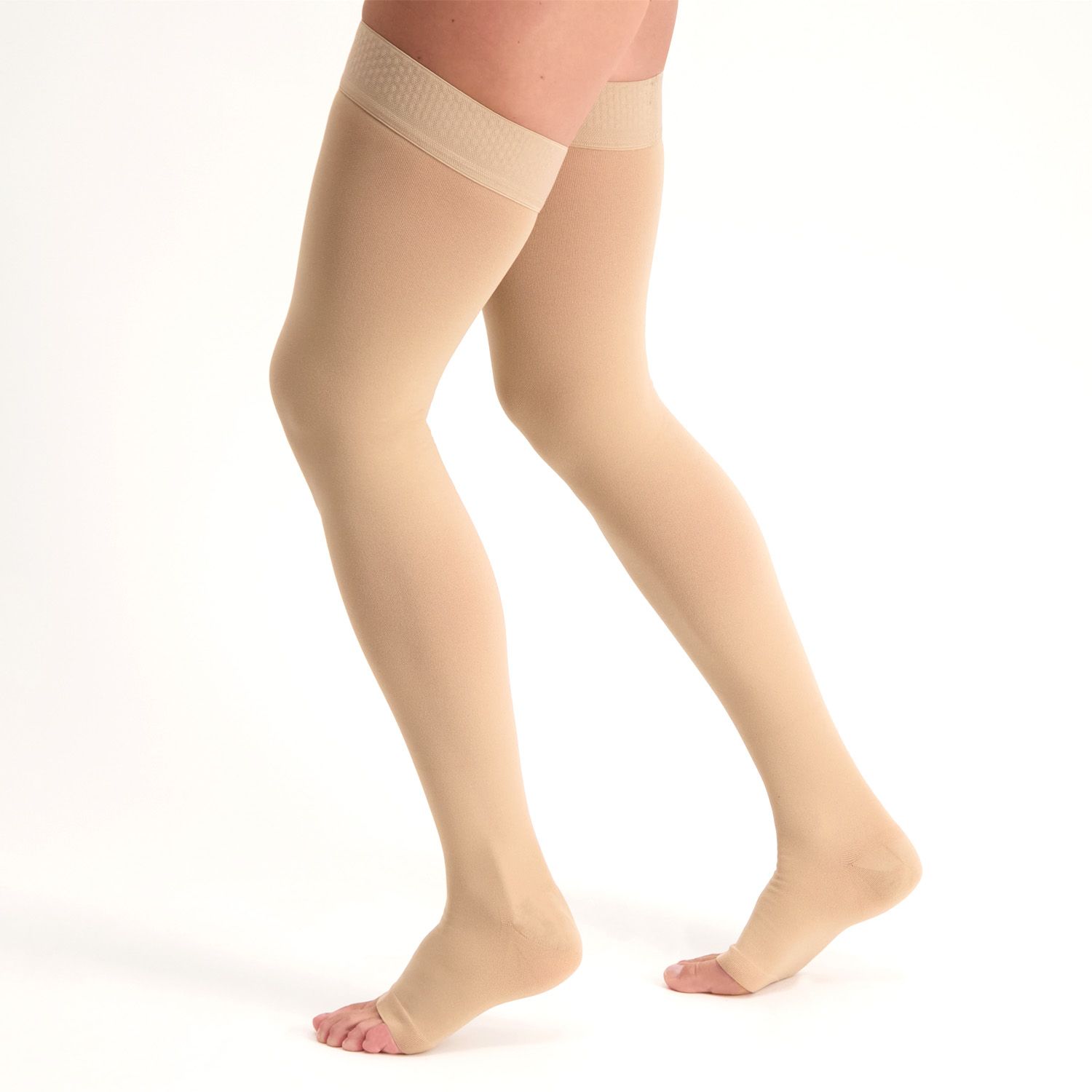 Female model wearing the Dunimed Premium Comfort Compression Stockings Groin Length - Open Toe while walking