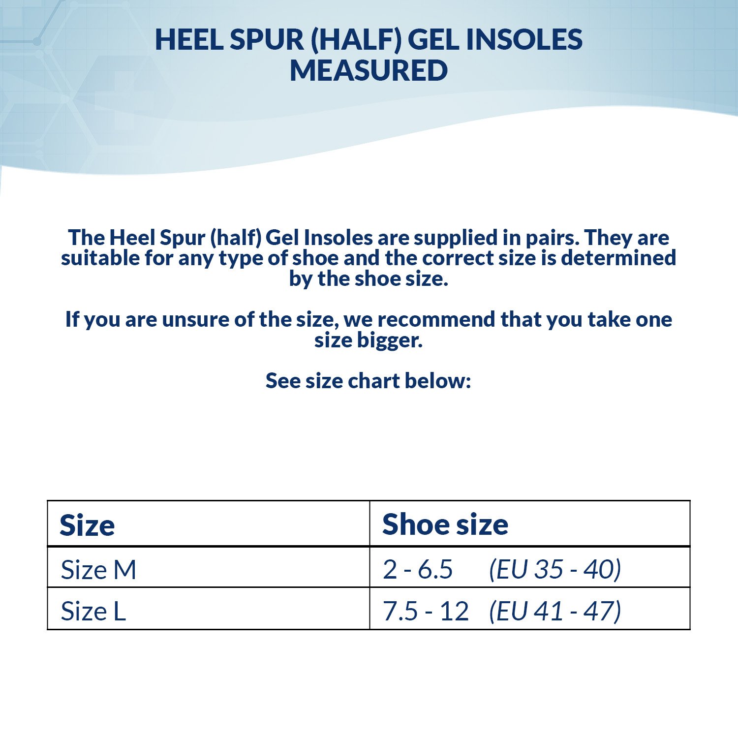 Size chart of the Heel Spur (half) Gel Insoles (per pair)