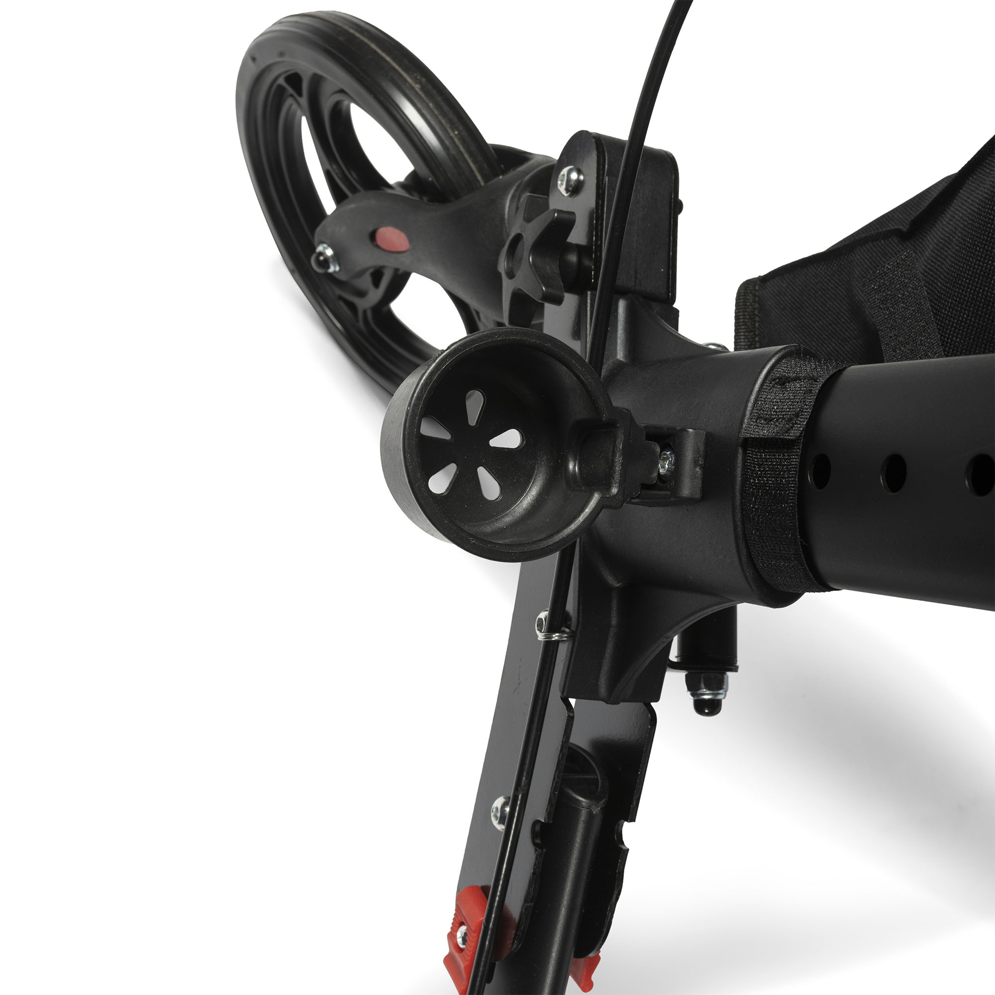 Detail picture showing the cane holder of the Dunimed Premium Lightweight Rollator