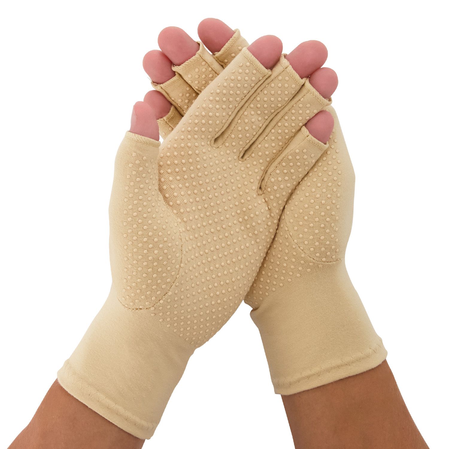 Dunimed Osteoarthritis / Rheumatoid Arthritis Gloves with Anti-slip Layer worn by model in Beige