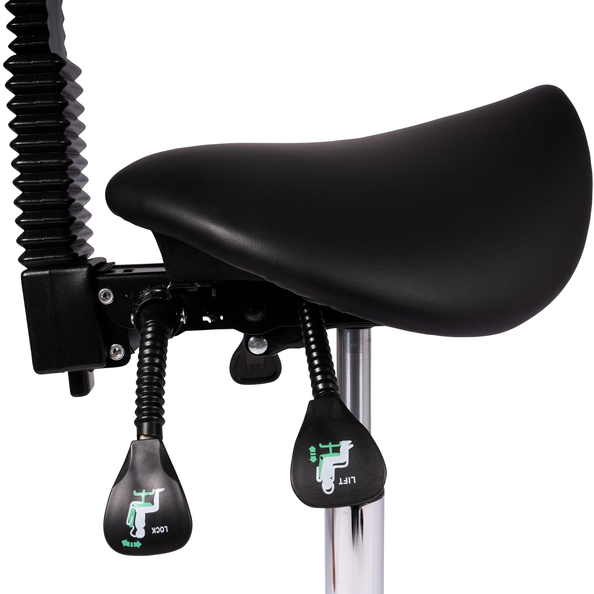 Seitenansicht des Sattels des Dunimed Ergonomischer Sattelhocker mit Rückenlehne und kippbarem Sitz