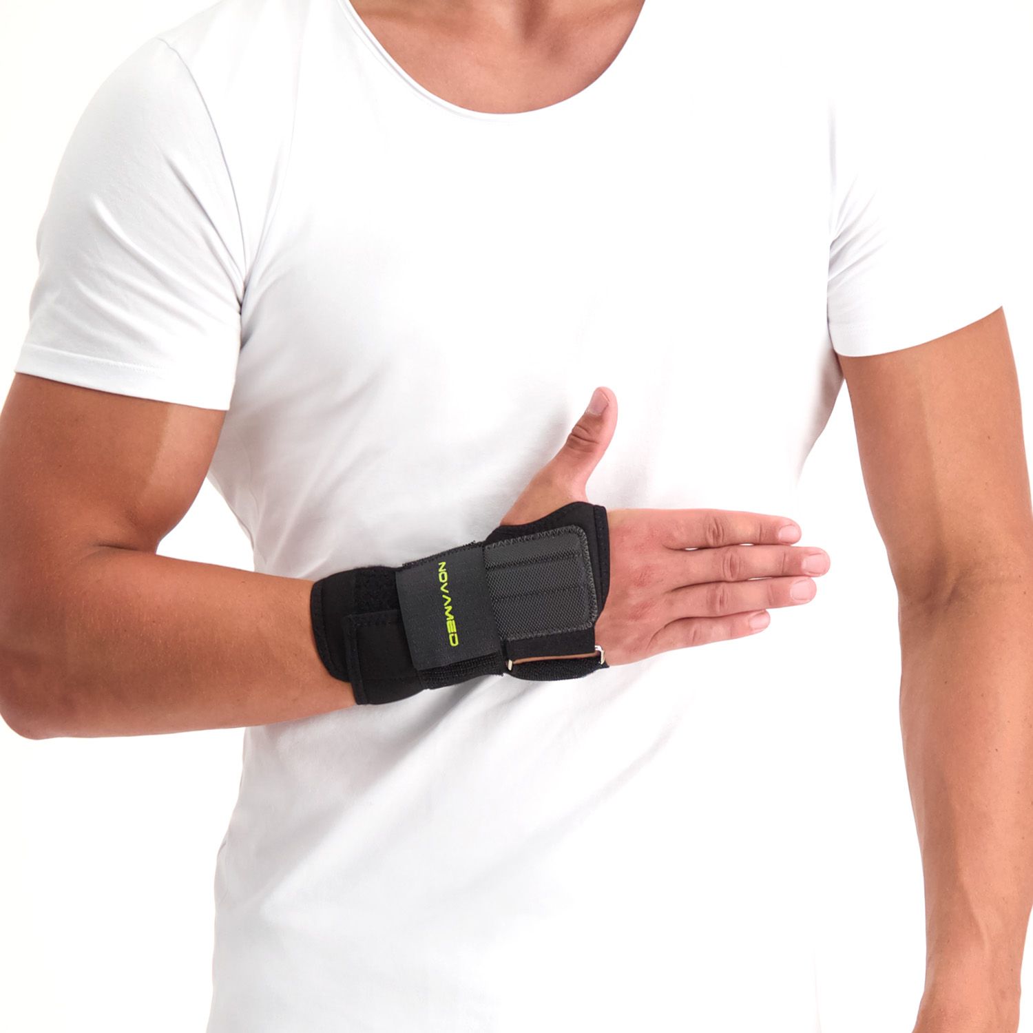 Front view of model wearing the Novamed Lightweight Wrist Support in Black