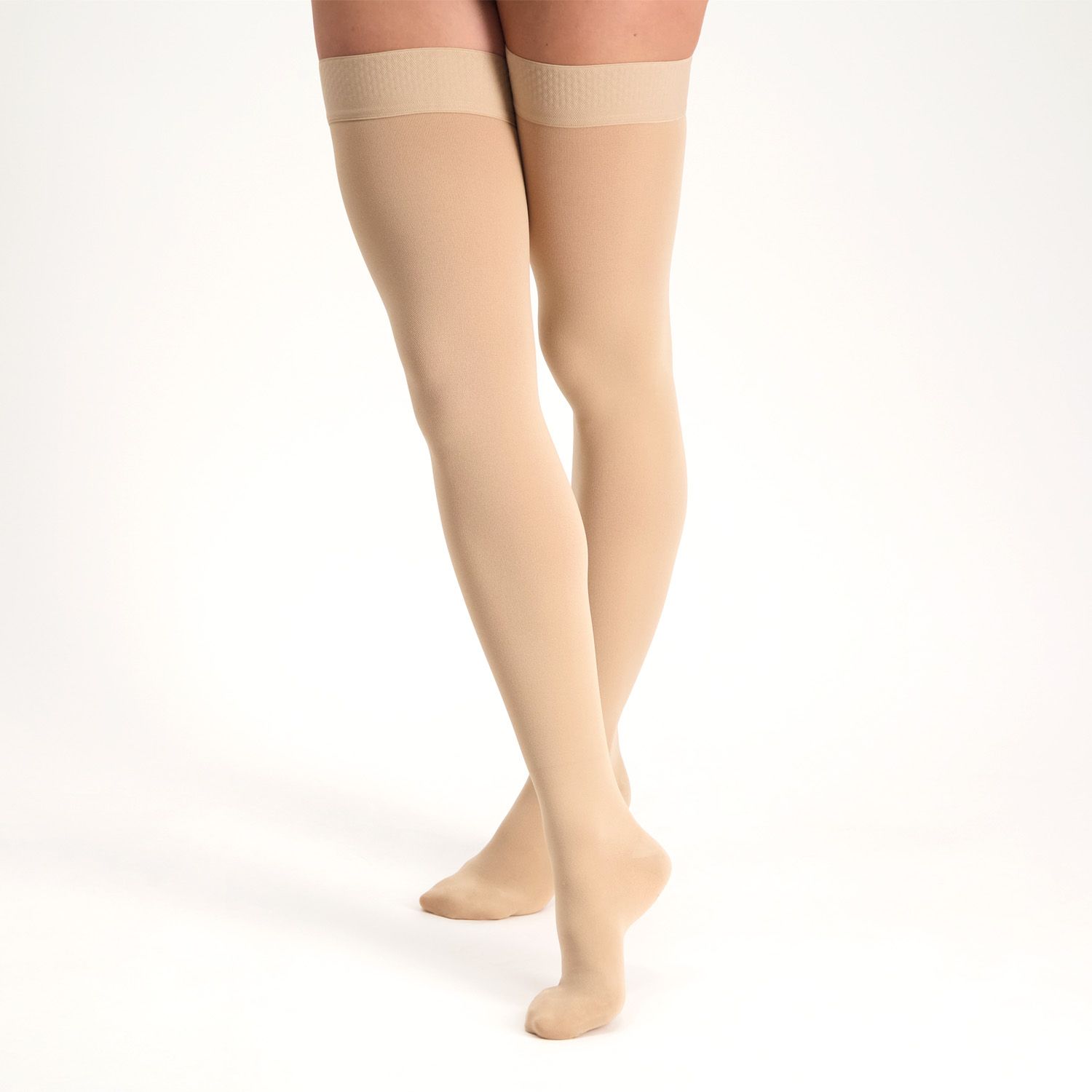 Female model wearing the Dunimed Premium Comfort Compression Stockings Groin Length - Closed Toe