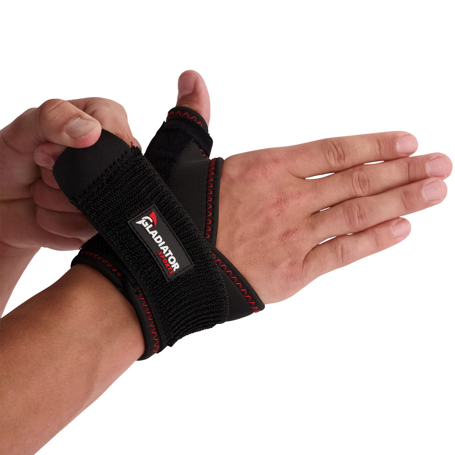 Gladiator Sports Thumb / Wrist Support being put on by model